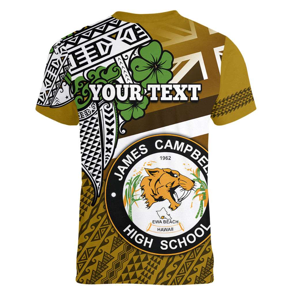 Hawaii James Campbell High School Women V Neck T Shirt Kakau Pattern Gold Color Version LT03 - Polynesian Pride