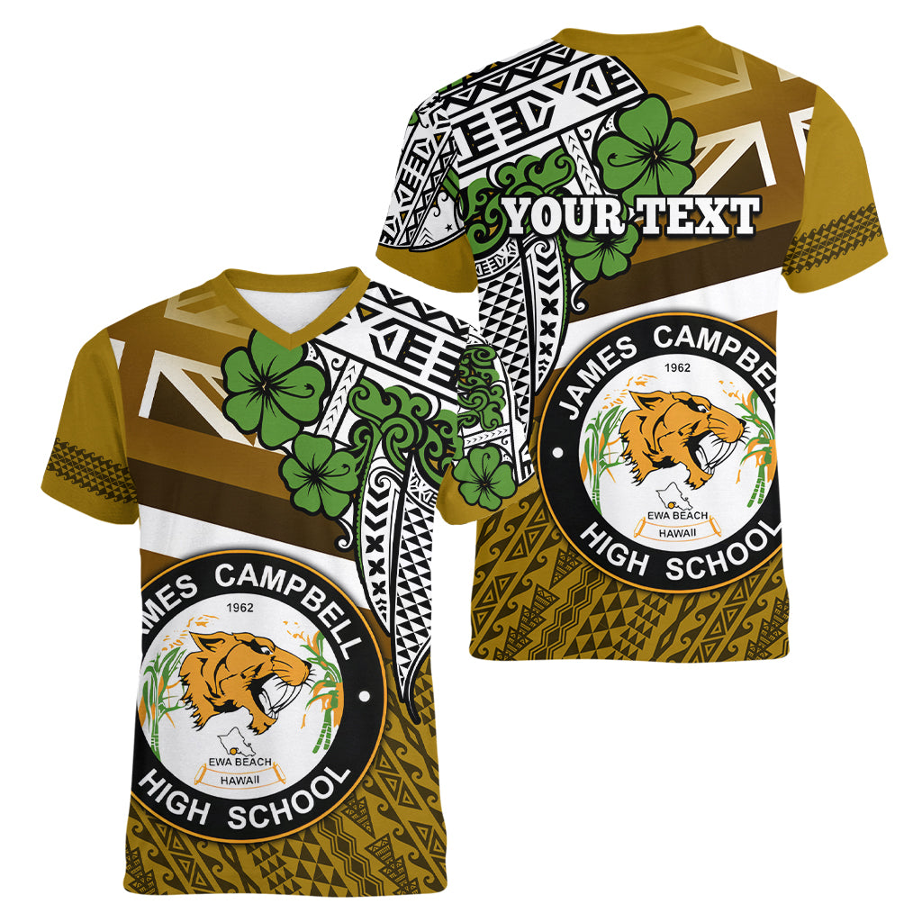Hawaii James Campbell High School Women V Neck T Shirt Kakau Pattern Gold Color Version LT03 - Polynesian Pride