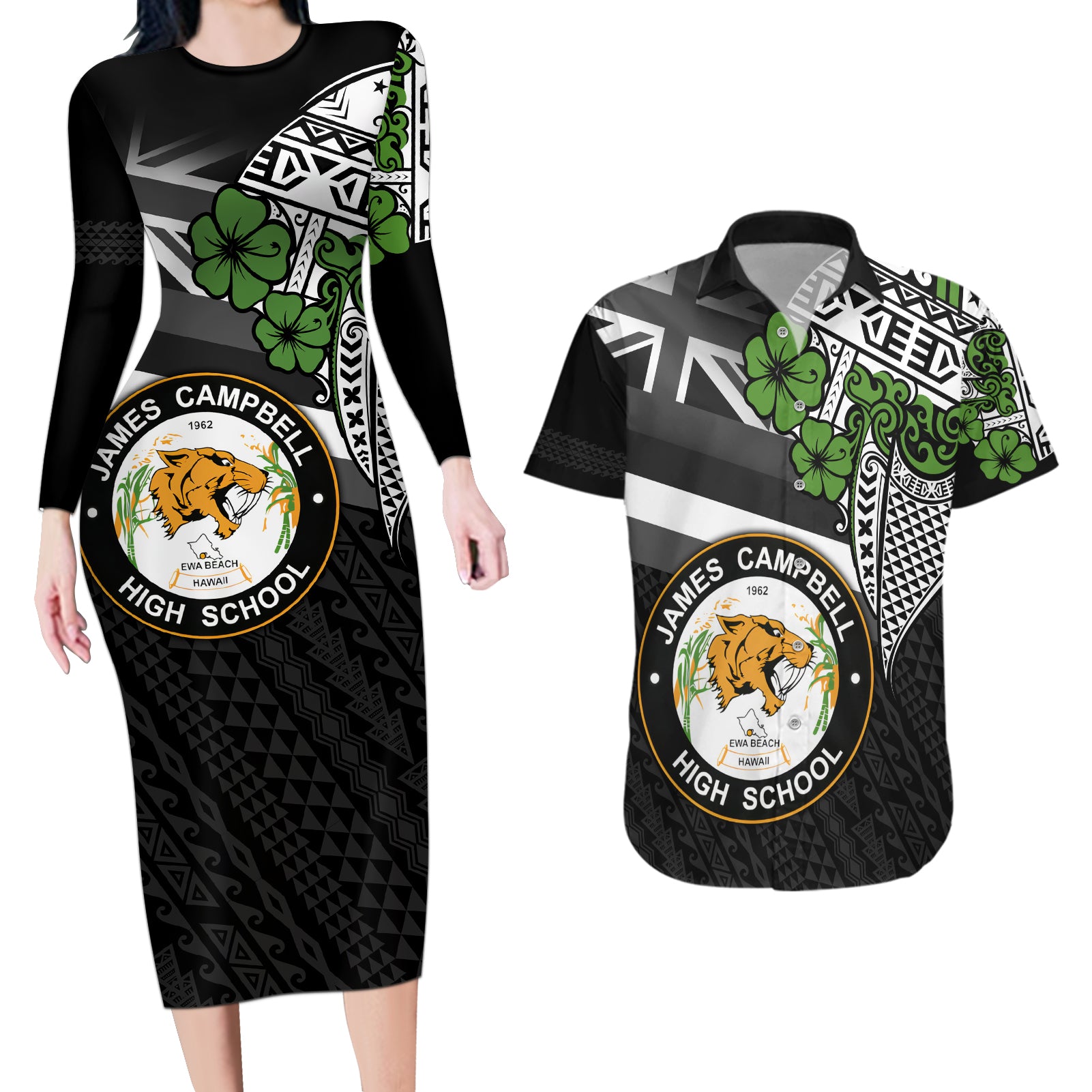 Hawaii James Campbell High School Couples Matching Long Sleeve Bodycon Dress and Hawaiian Shirt Kakau Pattern Black Version LT03 Black - Polynesian Pride