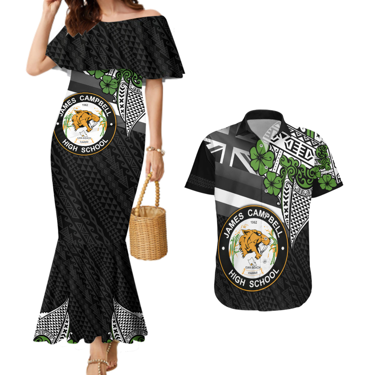 Hawaii James Campbell High School Couples Matching Mermaid Dress and Hawaiian Shirt Kakau Pattern Black Version LT03 Black - Polynesian Pride