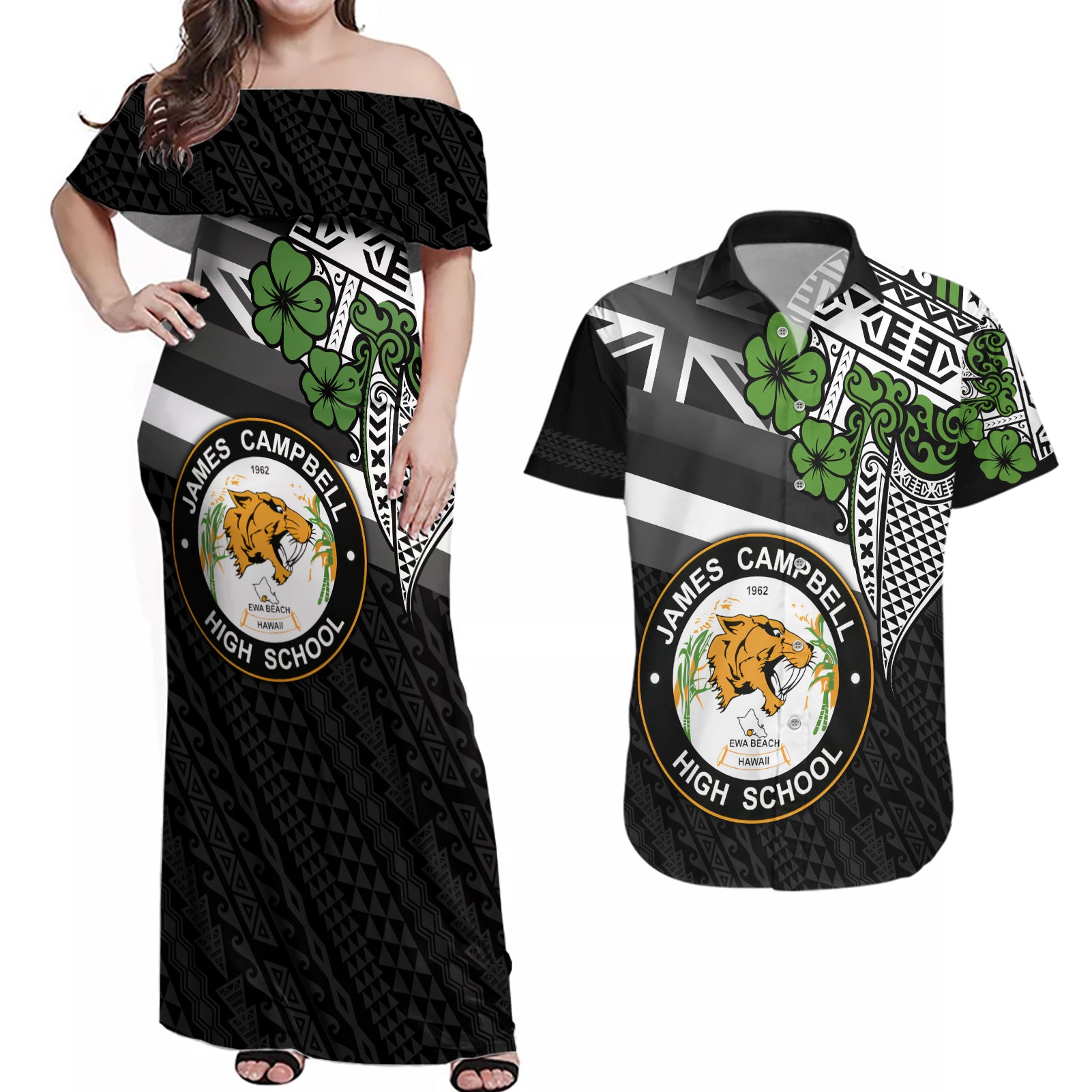 Hawaii James Campbell High School Couples Matching Off Shoulder Maxi Dress and Hawaiian Shirt Kakau Pattern Black Version LT03 Black - Polynesian Pride