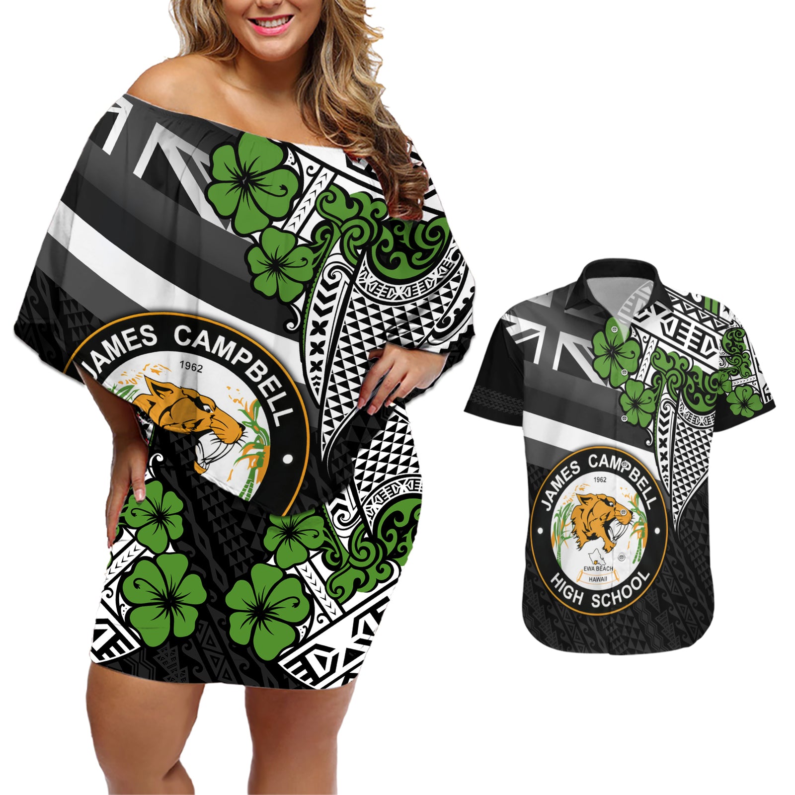 Hawaii James Campbell High School Couples Matching Off Shoulder Short Dress and Hawaiian Shirt Kakau Pattern Black Version LT03 Black - Polynesian Pride