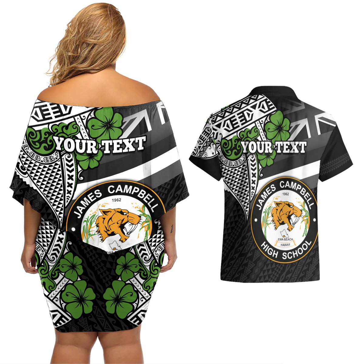 Hawaii James Campbell High School Couples Matching Off Shoulder Short Dress and Hawaiian Shirt Kakau Pattern Black Version LT03 - Polynesian Pride