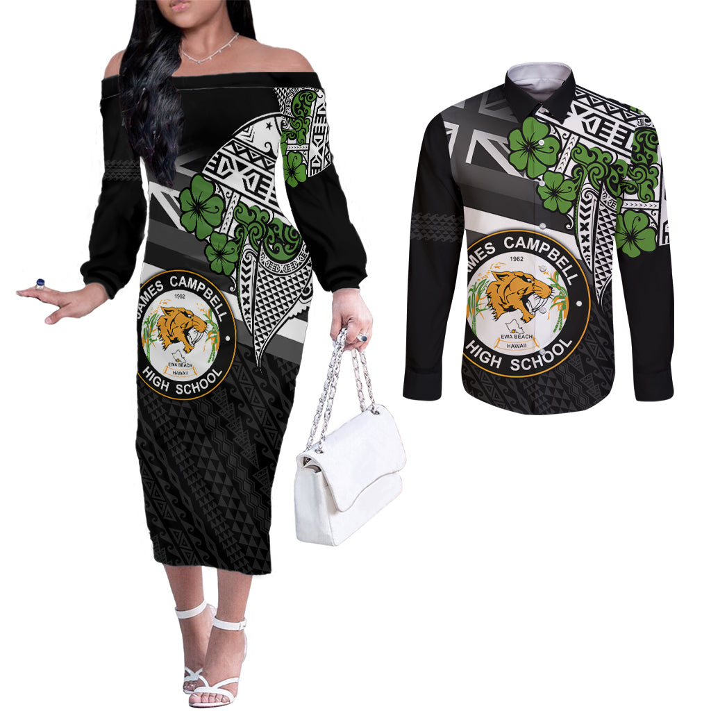 Hawaii James Campbell High School Couples Matching Off The Shoulder Long Sleeve Dress and Long Sleeve Button Shirt Kakau Pattern Black Version LT03 Black - Polynesian Pride