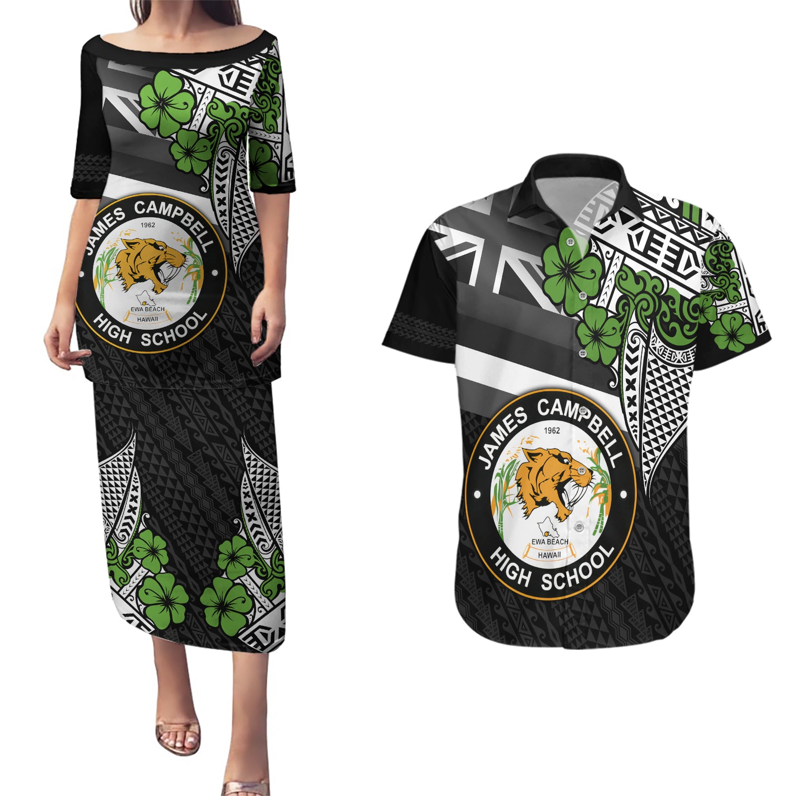 Hawaii James Campbell High School Couples Matching Puletasi Dress and Hawaiian Shirt Kakau Pattern Black Version LT03 Black - Polynesian Pride
