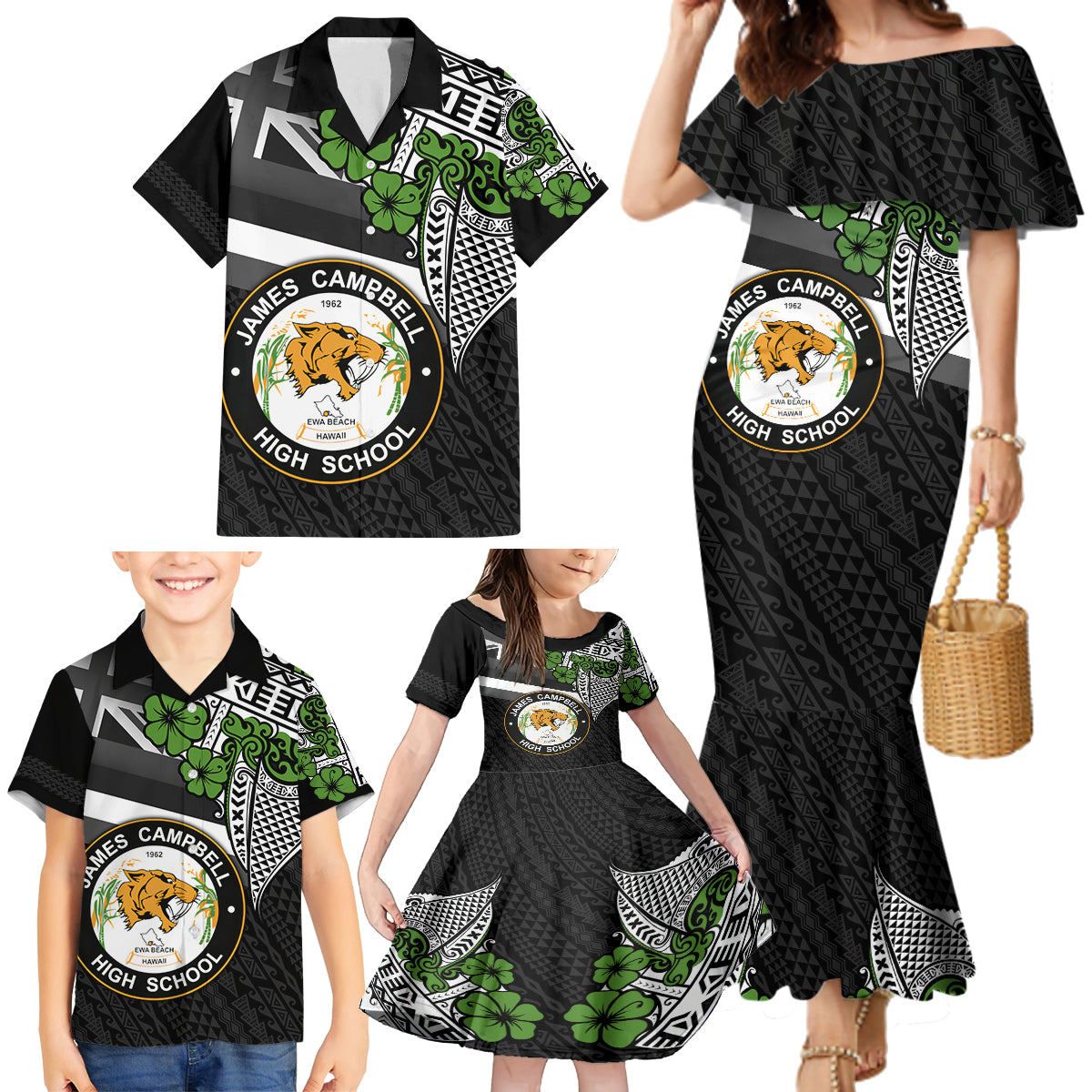 Hawaii James Campbell High School Family Matching Mermaid Dress and Hawaiian Shirt Kakau Pattern Black Version LT03 - Polynesian Pride