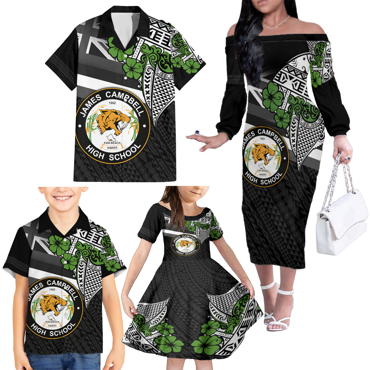 Hawaii James Campbell High School Family Matching Off Shoulder Long Sleeve Dress and Hawaiian Shirt Kakau Pattern Black Version LT03 - Polynesian Pride