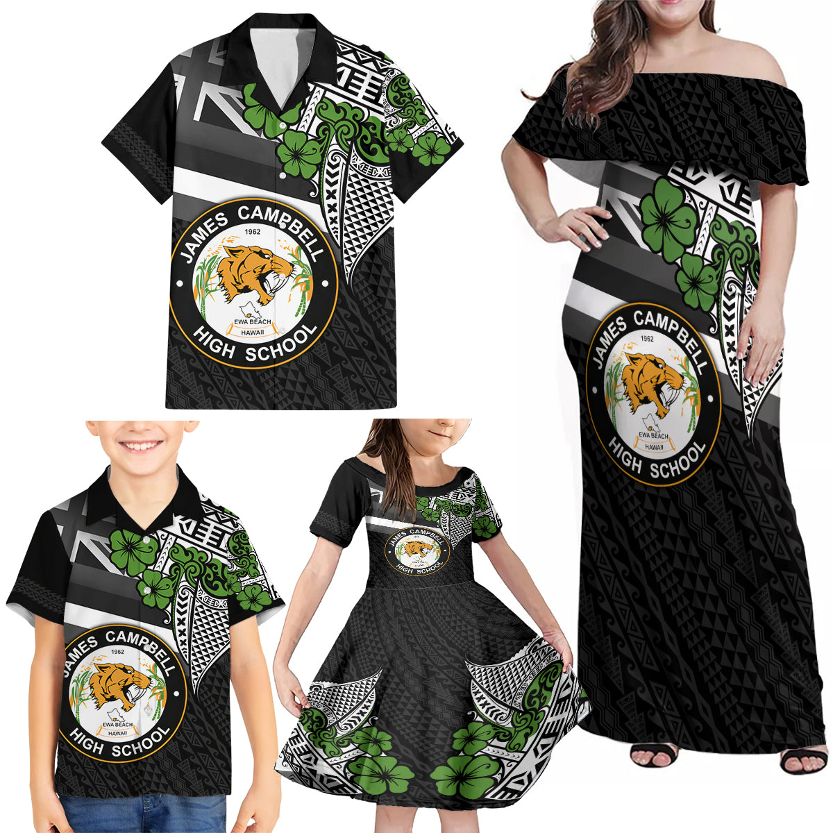 Hawaii James Campbell High School Family Matching Off Shoulder Maxi Dress and Hawaiian Shirt Kakau Pattern Black Version LT03 - Polynesian Pride