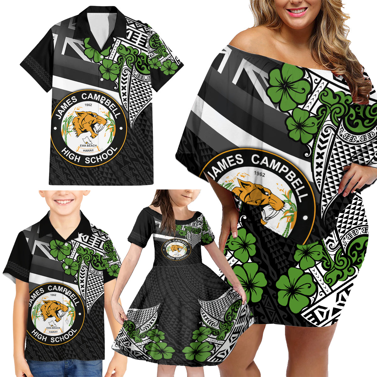 Hawaii James Campbell High School Family Matching Off Shoulder Short Dress and Hawaiian Shirt Kakau Pattern Black Version LT03 - Polynesian Pride