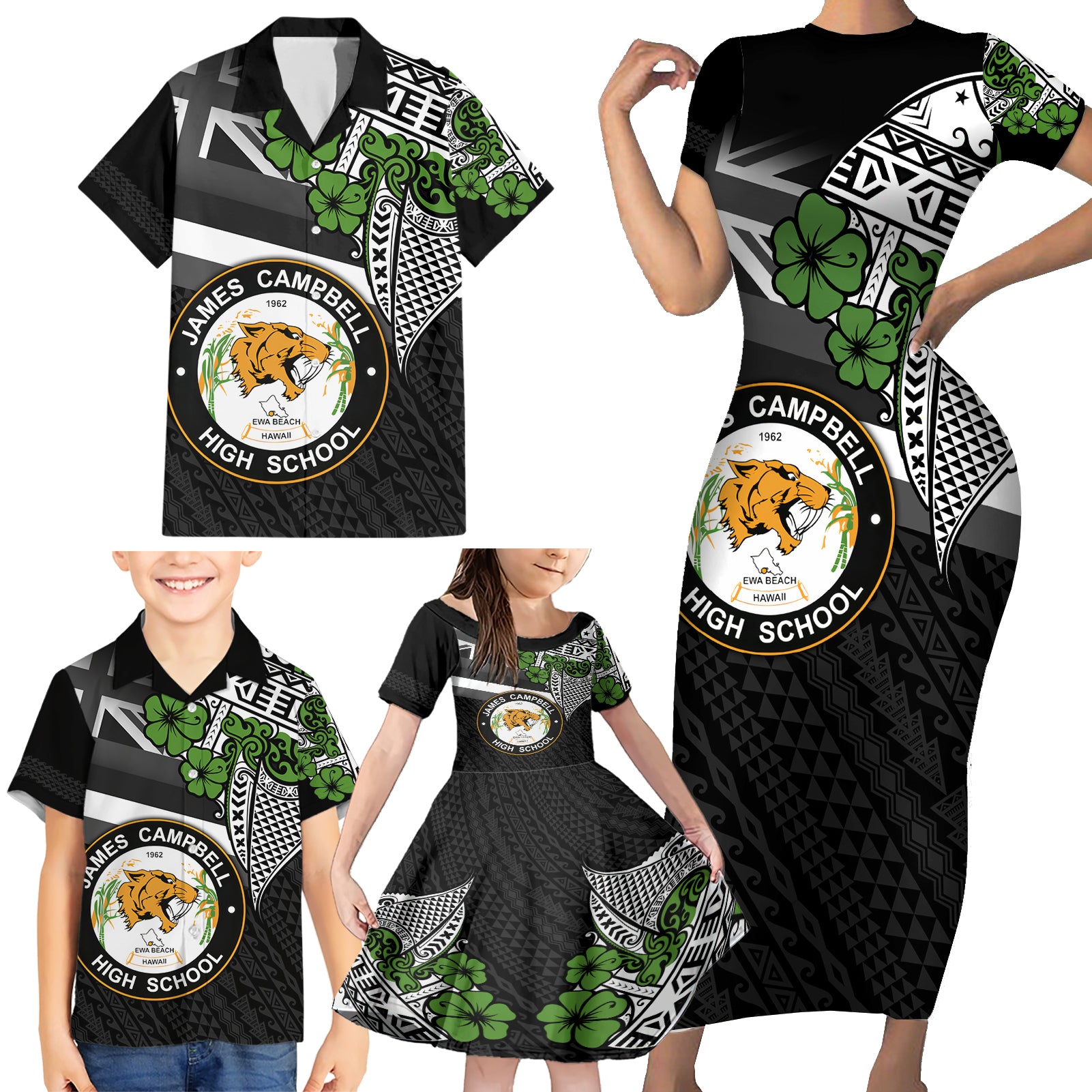 Hawaii James Campbell High School Family Matching Short Sleeve Bodycon Dress and Hawaiian Shirt Kakau Pattern Black Version LT03 - Polynesian Pride