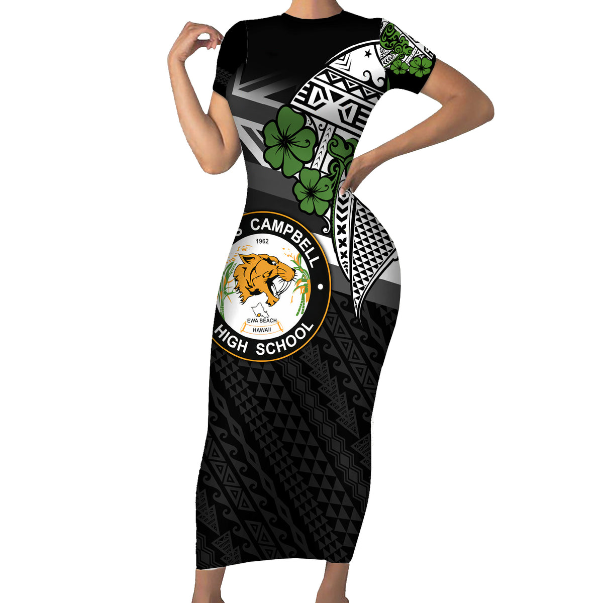 Hawaii James Campbell High School Family Matching Short Sleeve Bodycon Dress and Hawaiian Shirt Kakau Pattern Black Version LT03 Mom's Dress Black - Polynesian Pride