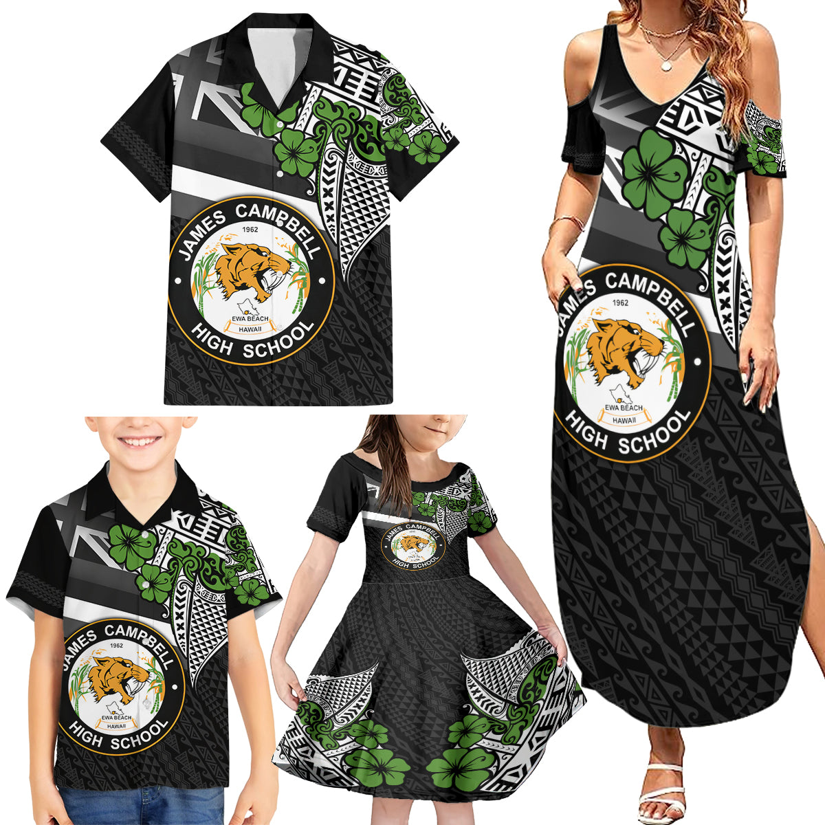 Hawaii James Campbell High School Family Matching Summer Maxi Dress and Hawaiian Shirt Kakau Pattern Black Version LT03 - Polynesian Pride