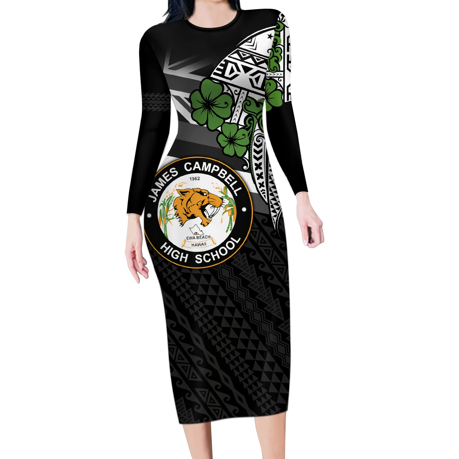 Hawaii James Campbell High School Long Sleeve Bodycon Dress Kakau Pattern Black Version LT03 Long Dress Black - Polynesian Pride