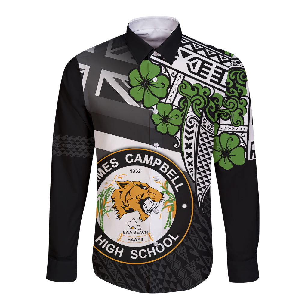 Hawaii James Campbell High School Long Sleeve Button Shirt Kakau Pattern Black Version LT03 Unisex Black - Polynesian Pride