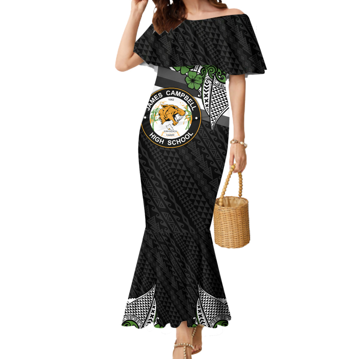 Hawaii James Campbell High School Mermaid Dress Kakau Pattern Black Version LT03 Women Black - Polynesian Pride