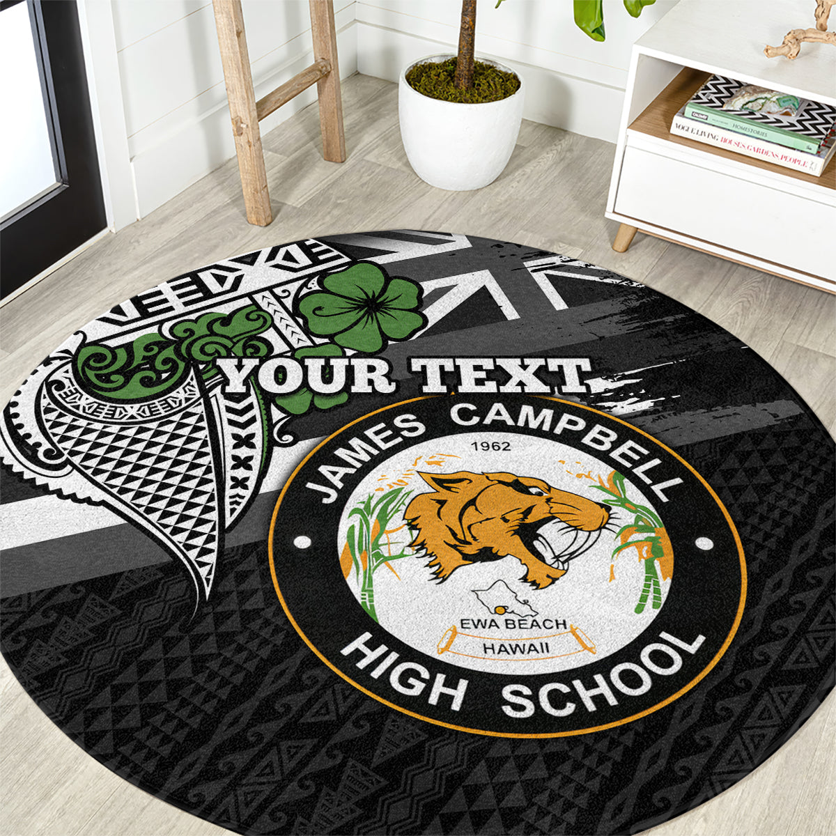 Hawaii James Campbell High School Round Carpet Kakau Pattern Black Version LT03 Black - Polynesian Pride