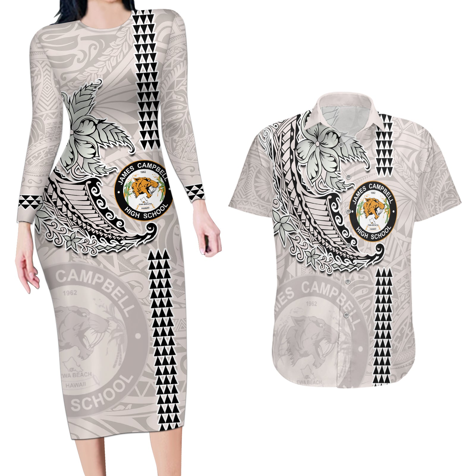 Custom Hawaii James Campbell High School Couples Matching Long Sleeve Bodycon Dress and Hawaiian Shirt Tribal Kakau Pattern LT03 White - Polynesian Pride