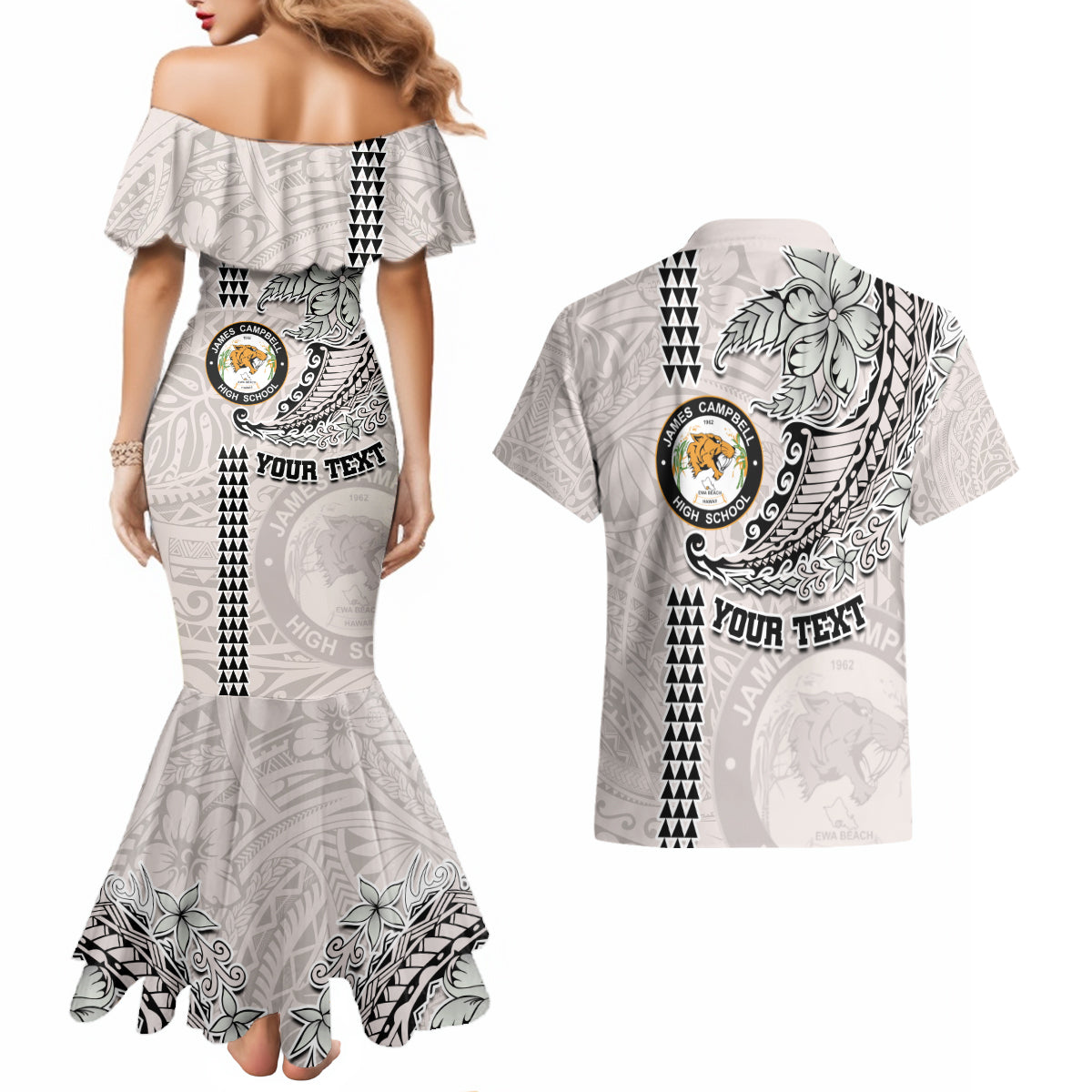 Custom Hawaii James Campbell High School Couples Matching Mermaid Dress and Hawaiian Shirt Tribal Kakau Pattern LT03 - Polynesian Pride