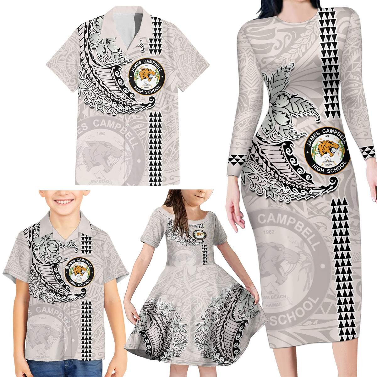 Custom Hawaii James Campbell High School Family Matching Long Sleeve Bodycon Dress and Hawaiian Shirt Tribal Kakau Pattern LT03 - Polynesian Pride