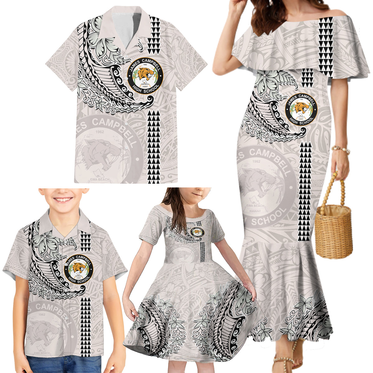 Custom Hawaii James Campbell High School Family Matching Mermaid Dress and Hawaiian Shirt Tribal Kakau Pattern LT03 - Polynesian Pride