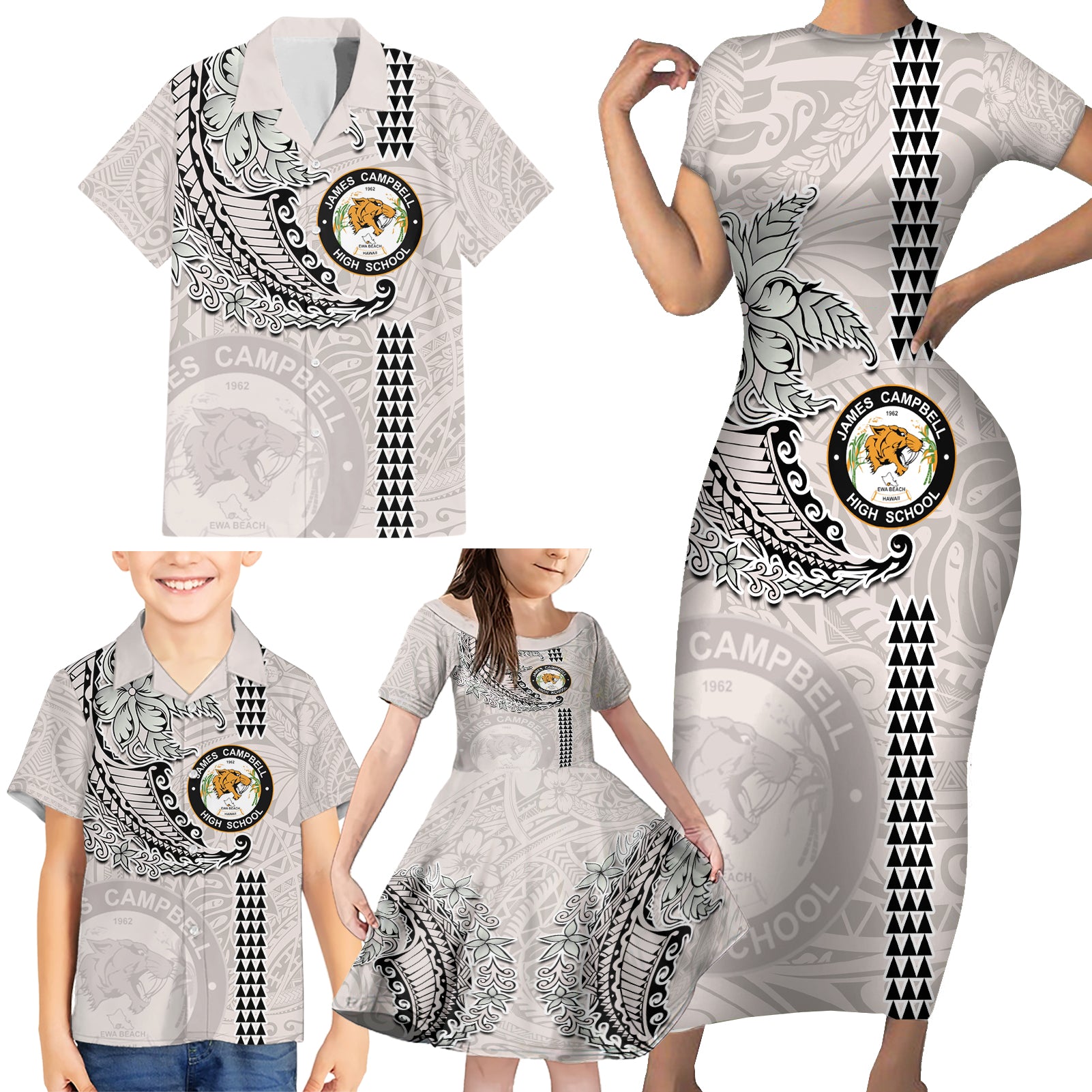 Custom Hawaii James Campbell High School Family Matching Short Sleeve Bodycon Dress and Hawaiian Shirt Tribal Kakau Pattern LT03 - Polynesian Pride