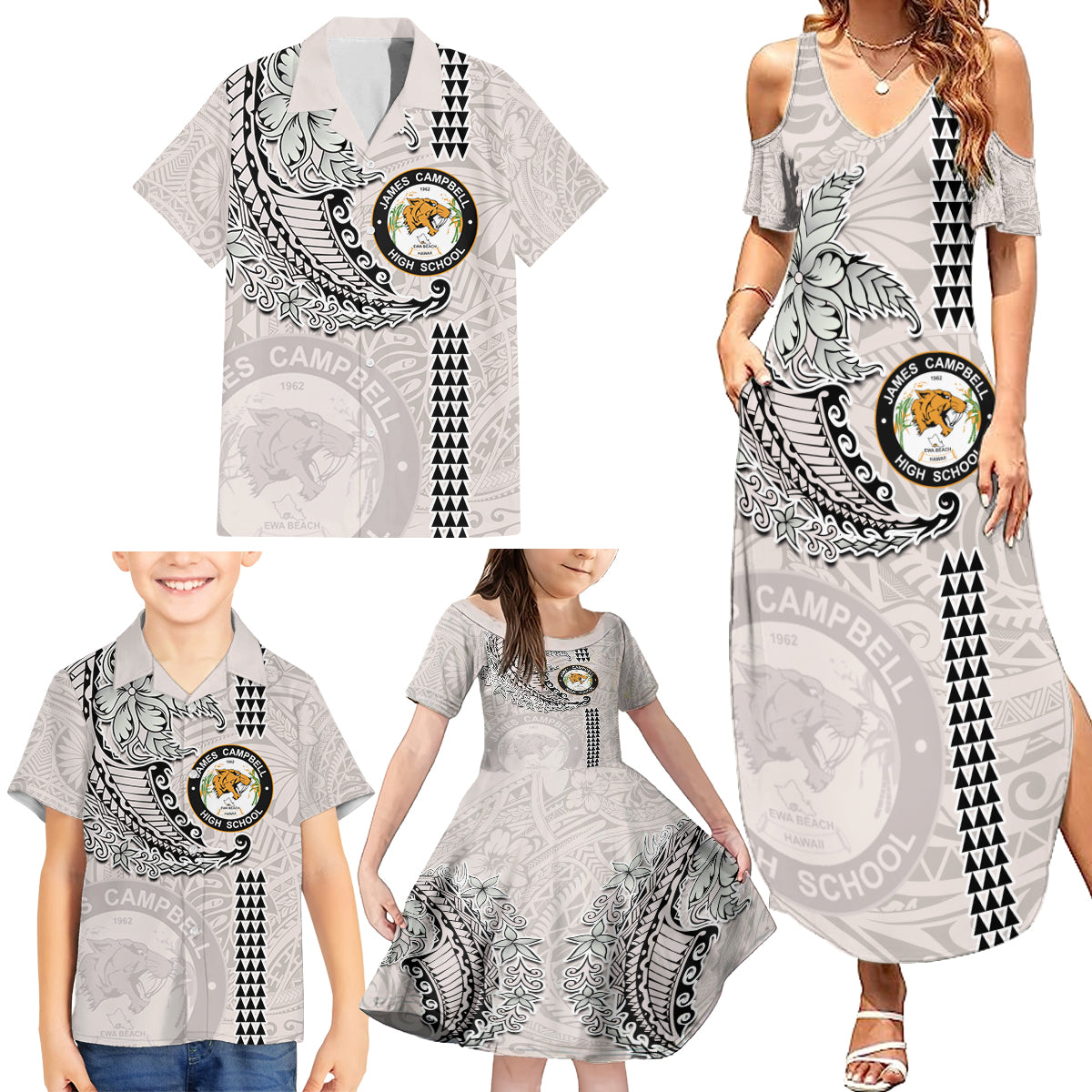 Custom Hawaii James Campbell High School Family Matching Summer Maxi Dress and Hawaiian Shirt Tribal Kakau Pattern LT03 - Polynesian Pride