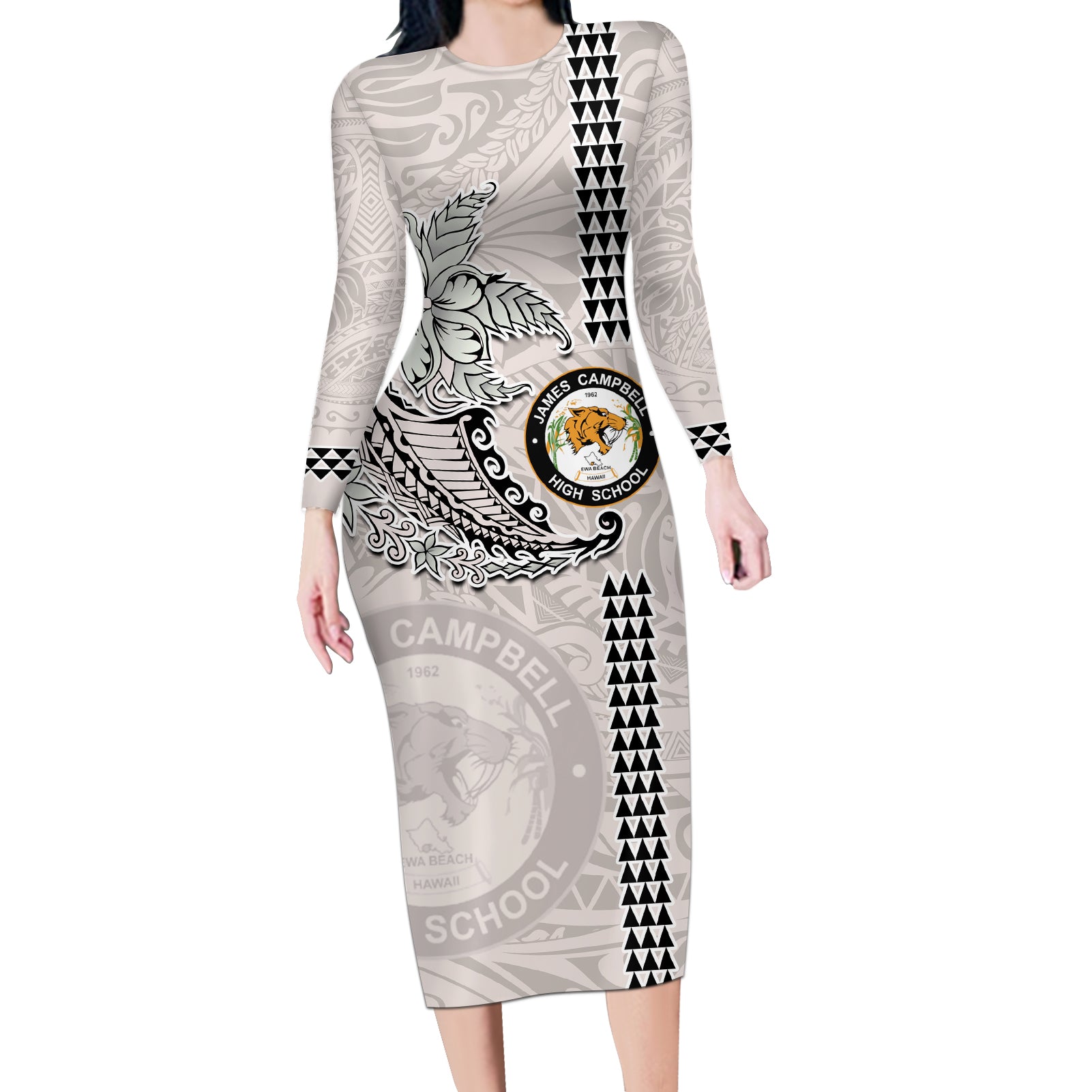 Custom Hawaii James Campbell High School Long Sleeve Bodycon Dress Tribal Kakau Pattern LT03 Long Dress White - Polynesian Pride