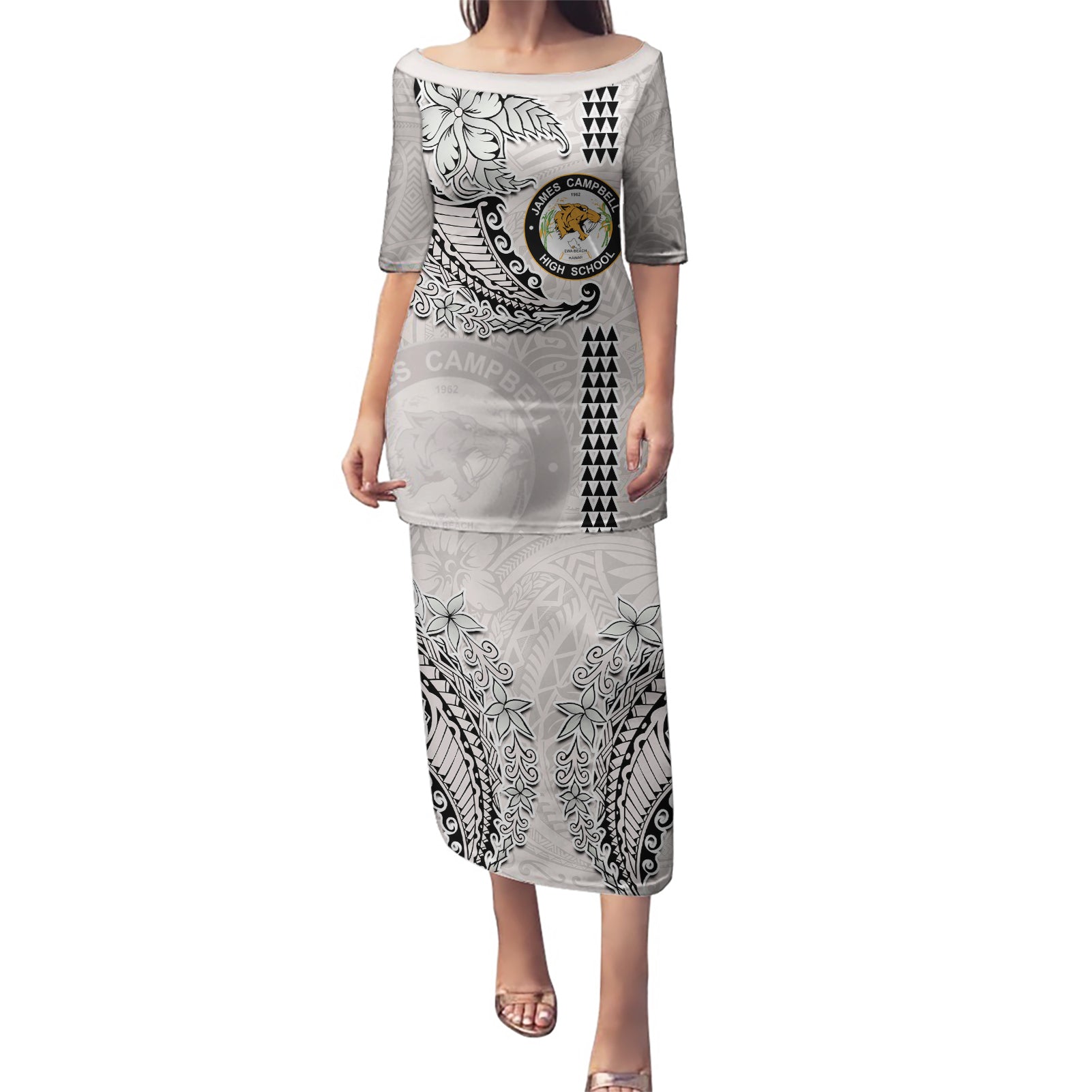 Custom Hawaii James Campbell High School Puletasi Tribal Kakau Pattern LT03 Long Dress White - Polynesian Pride