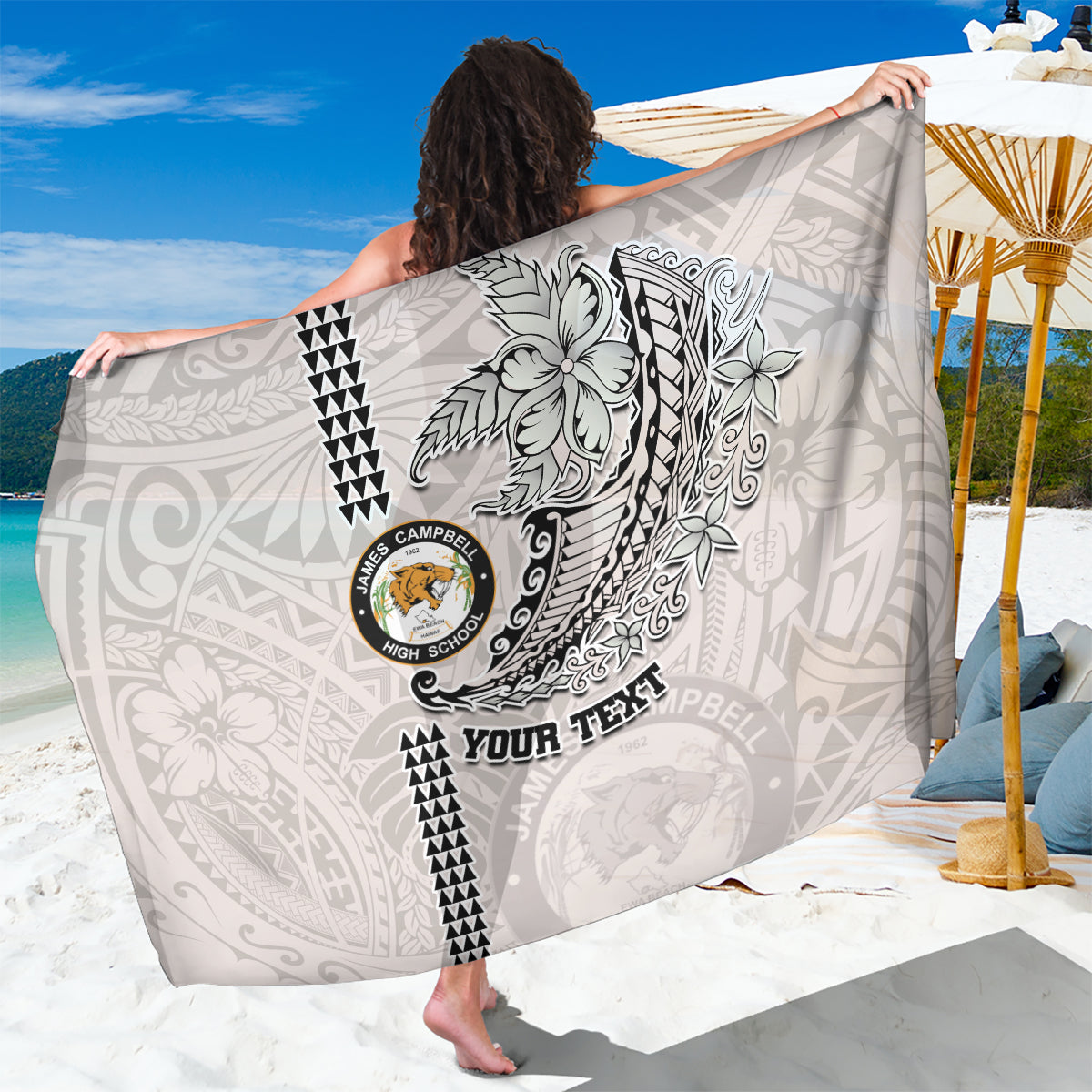 Custom Hawaii James Campbell High School Sarong Tribal Kakau Pattern LT03 One Size 44 x 66 inches White - Polynesian Pride