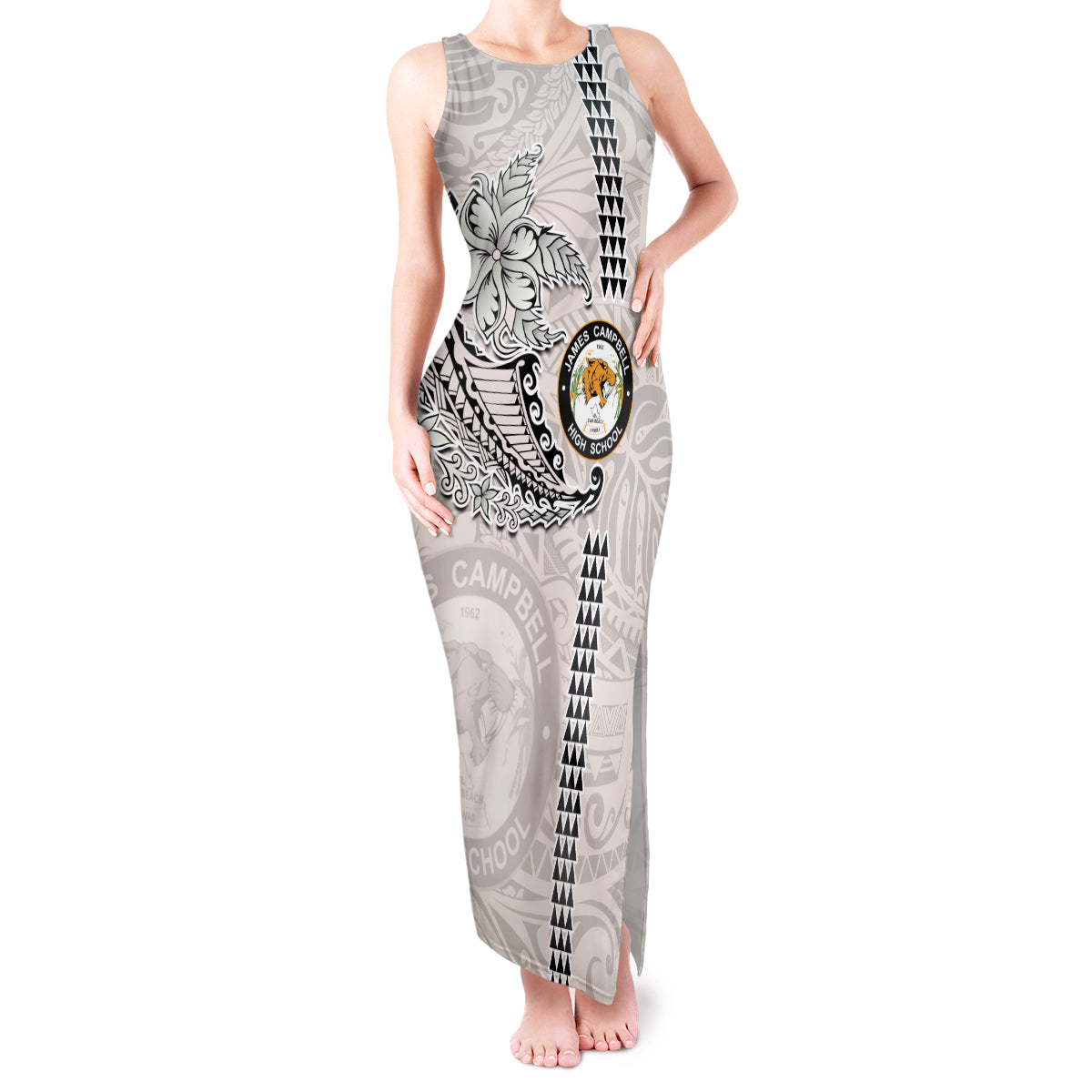 Custom Hawaii James Campbell High School Tank Maxi Dress Tribal Kakau Pattern LT03 Women White - Polynesian Pride