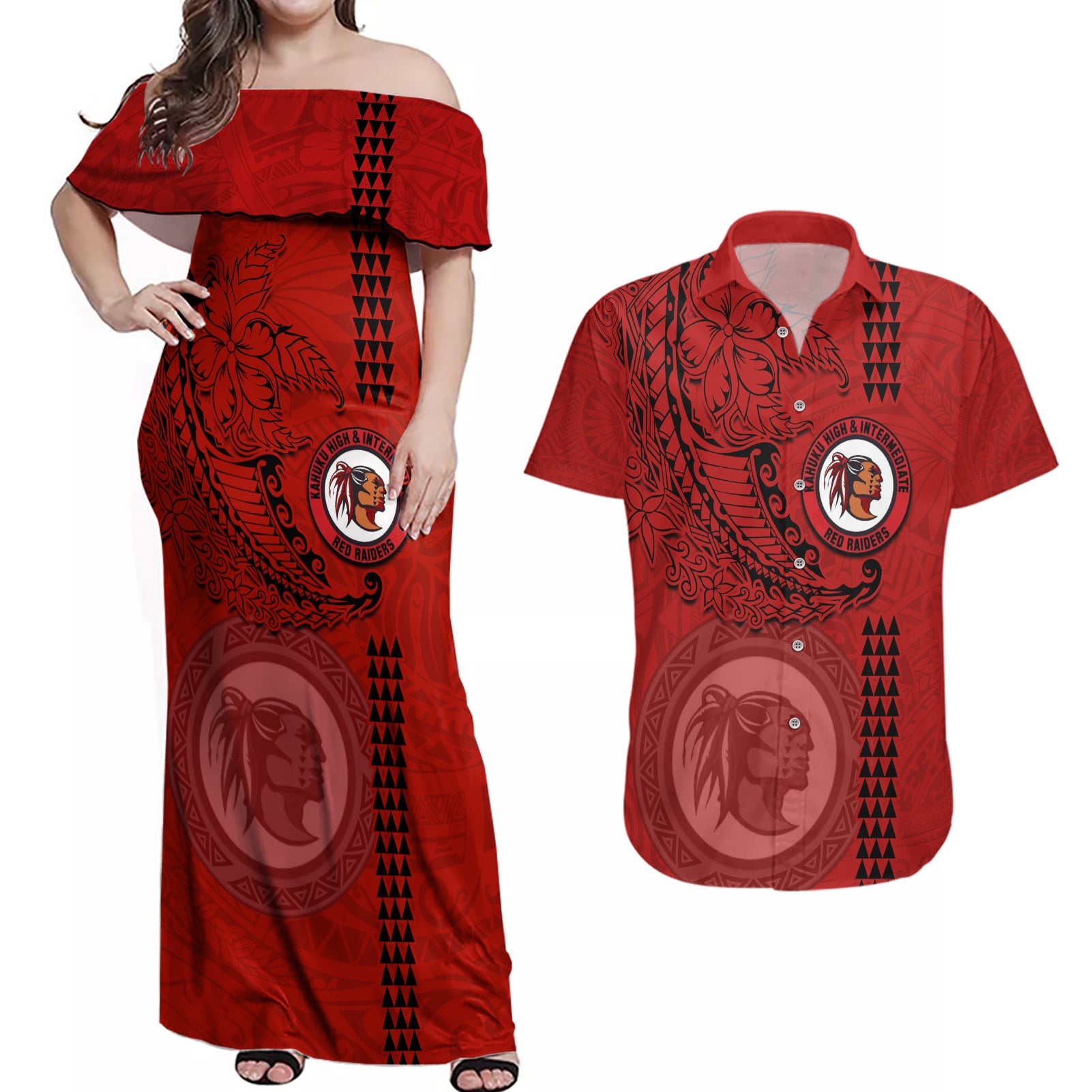 Hawaii Kahuku High & Intermediate School Couples Matching Off Shoulder Maxi Dress and Hawaiian Shirt Tribal Kakau Pattern LT03 Red - Polynesian Pride