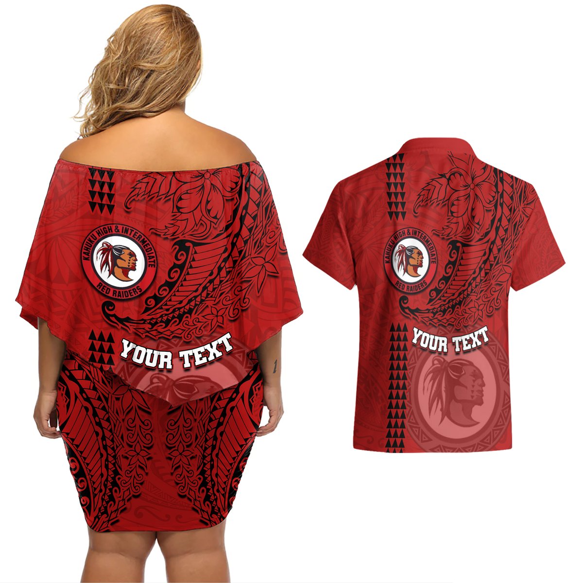 Hawaii Kahuku High & Intermediate School Couples Matching Off Shoulder Short Dress and Hawaiian Shirt Tribal Kakau Pattern LT03 - Polynesian Pride