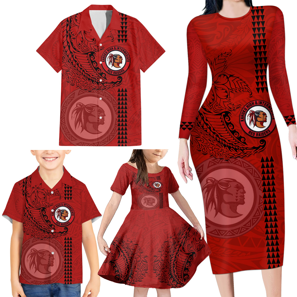 Hawaii Kahuku High & Intermediate School Family Matching Long Sleeve Bodycon Dress and Hawaiian Shirt Tribal Kakau Pattern LT03 - Polynesian Pride