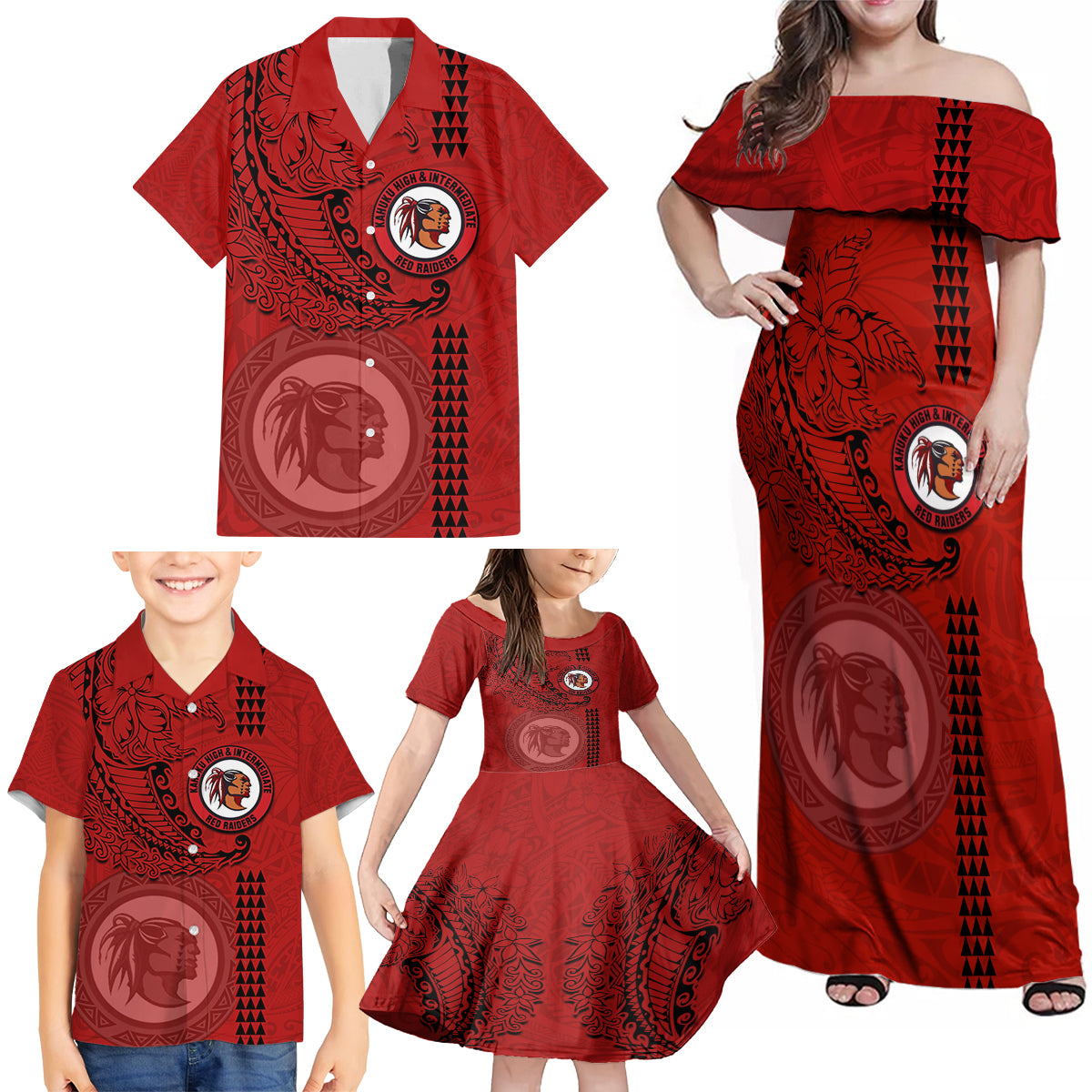 Hawaii Kahuku High & Intermediate School Family Matching Off Shoulder Maxi Dress and Hawaiian Shirt Tribal Kakau Pattern LT03 - Polynesian Pride