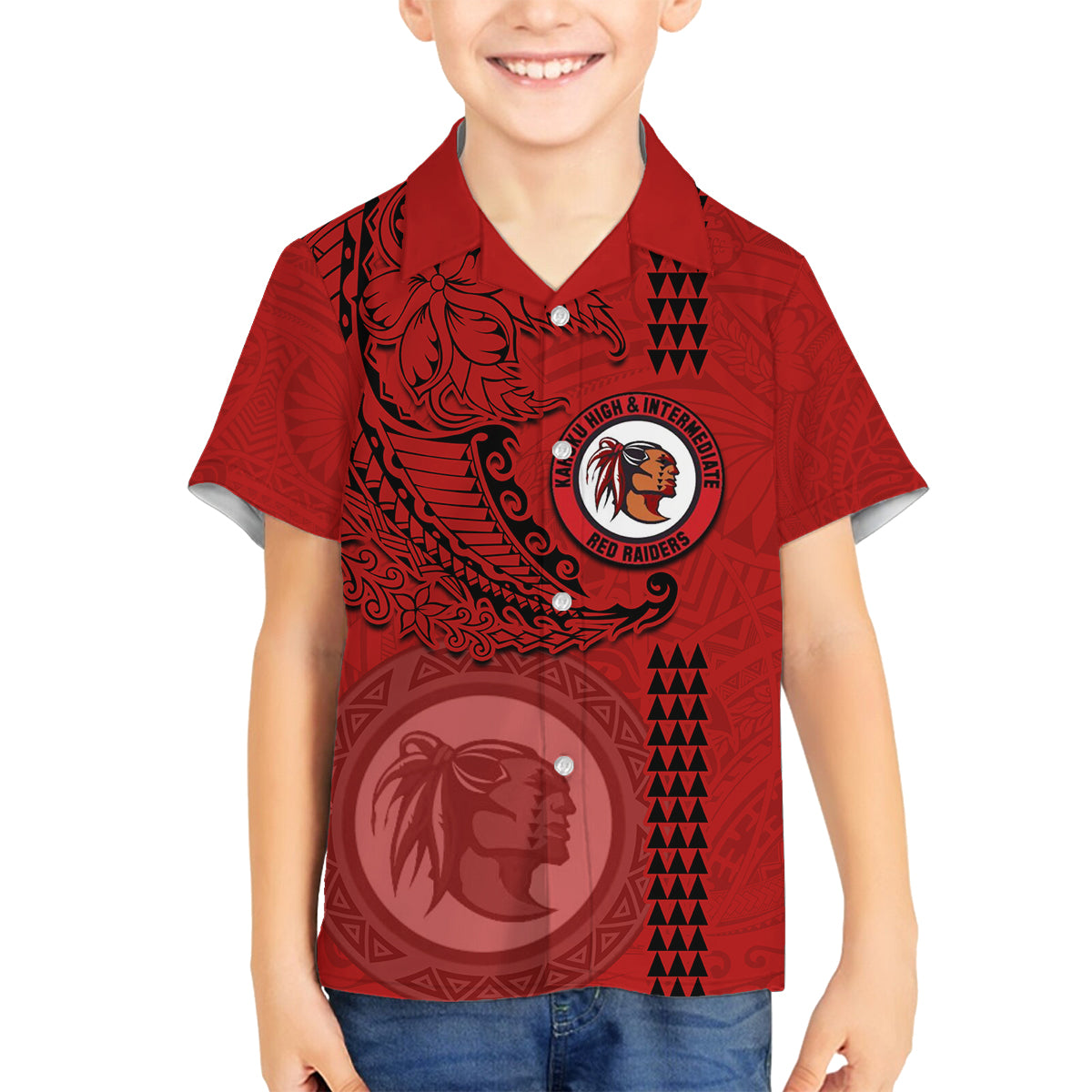 Hawaii Kahuku High & Intermediate School Family Matching Off Shoulder Short Dress and Hawaiian Shirt Tribal Kakau Pattern LT03 Son's Shirt Red - Polynesian Pride