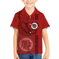 Hawaii Kahuku High & Intermediate School Family Matching Off Shoulder Short Dress and Hawaiian Shirt Tribal Kakau Pattern LT03 Son's Shirt Red - Polynesian Pride