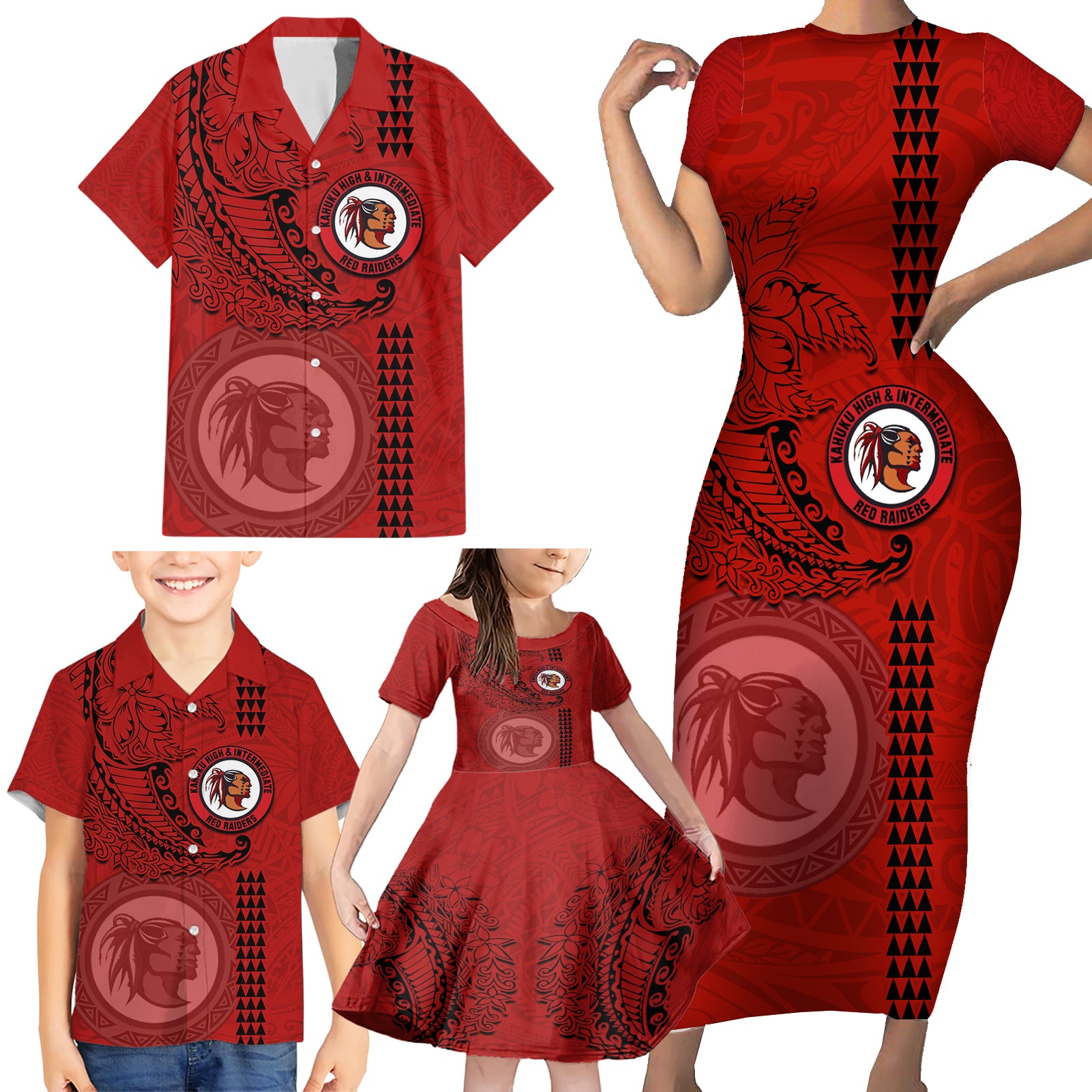 Hawaii Kahuku High & Intermediate School Family Matching Short Sleeve Bodycon Dress and Hawaiian Shirt Tribal Kakau Pattern LT03 - Polynesian Pride