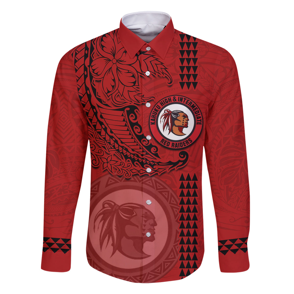 Hawaii Kahuku High & Intermediate School Family Matching Summer Maxi Dress and Hawaiian Shirt Tribal Kakau Pattern LT03 Dad's Shirt - Long Sleeve Red - Polynesian Pride