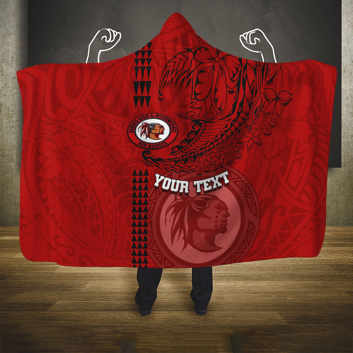 Hawaii Kahuku High & Intermediate School Hooded Blanket Tribal Kakau Pattern LT03 One Size Red - Polynesian Pride