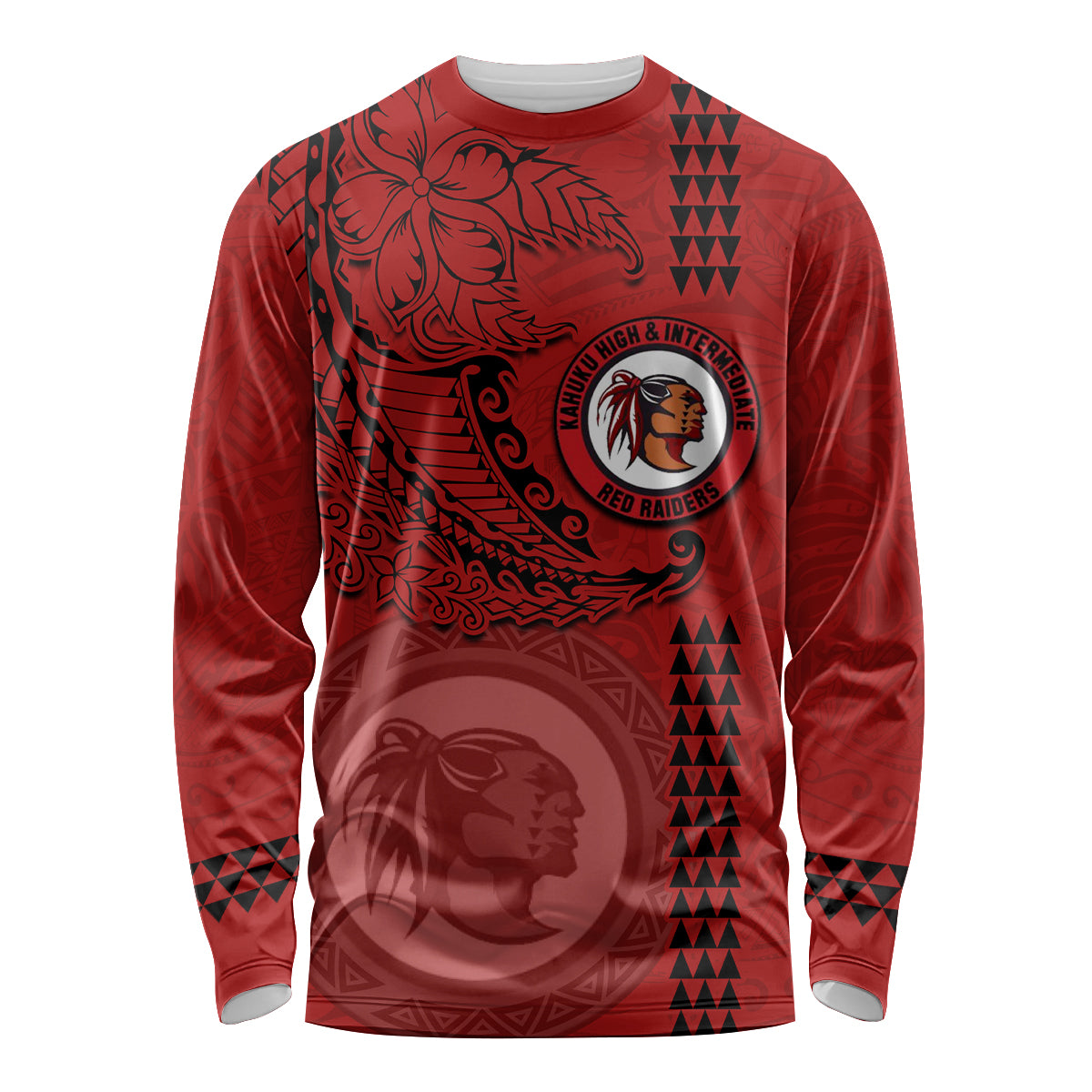 Hawaii Kahuku High & Intermediate School Long Sleeve Shirt Tribal Kakau Pattern LT03 Unisex Red - Polynesian Pride