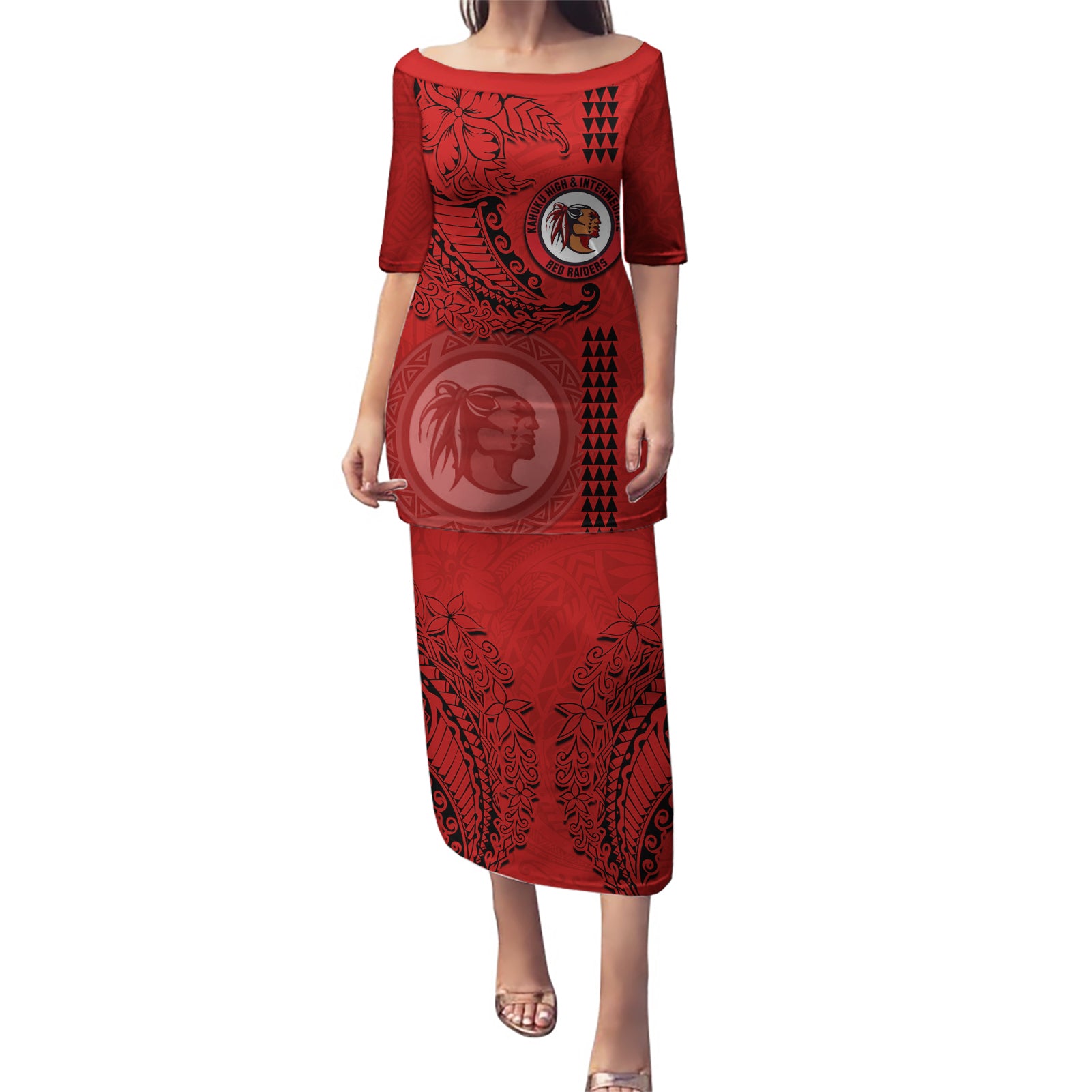 Hawaii Kahuku High & Intermediate School Puletasi Tribal Kakau Pattern LT03 Long Dress Red - Polynesian Pride