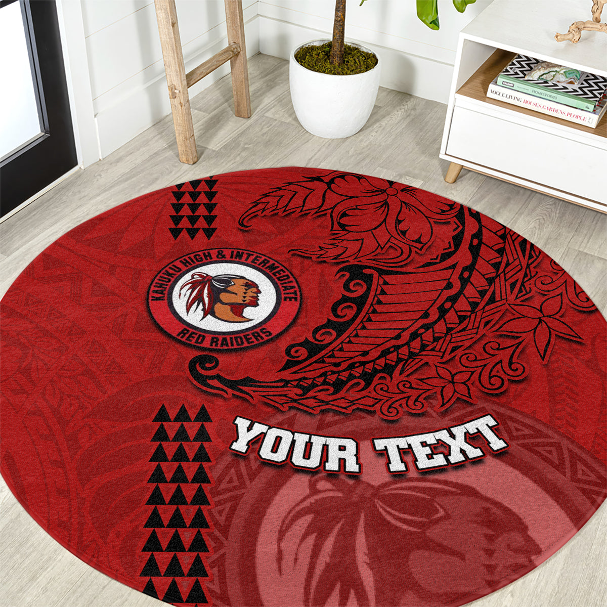 Hawaii Kahuku High & Intermediate School Round Carpet Tribal Kakau Pattern LT03 Red - Polynesian Pride