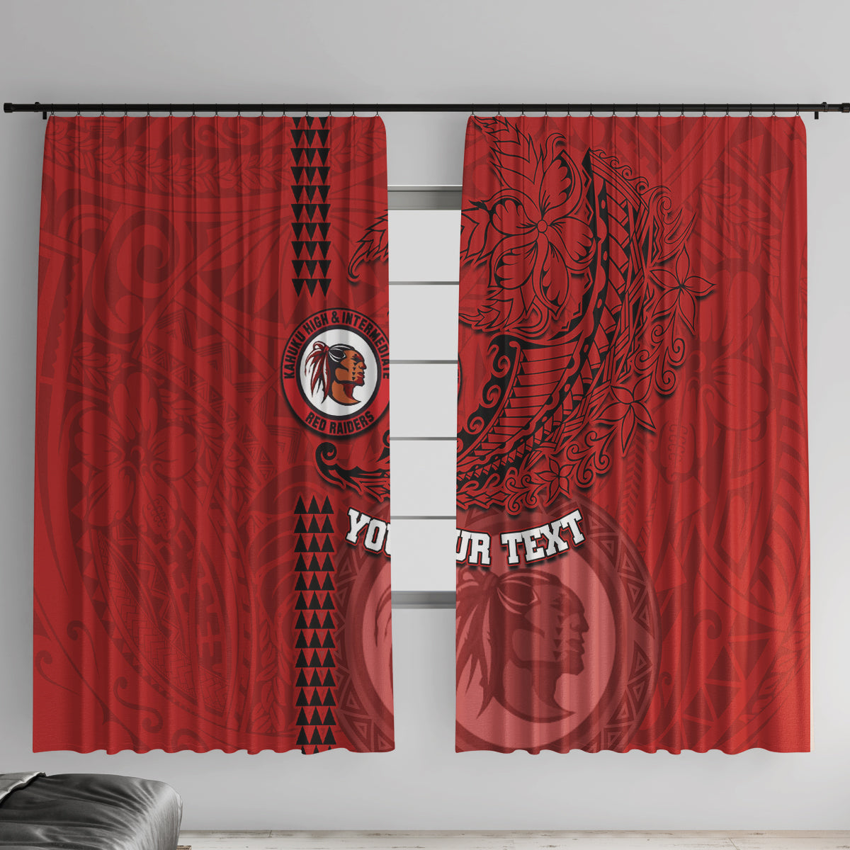 Hawaii Kahuku High & Intermediate School Window Curtain Tribal Kakau Pattern LT03 With Hooks Red - Polynesian Pride