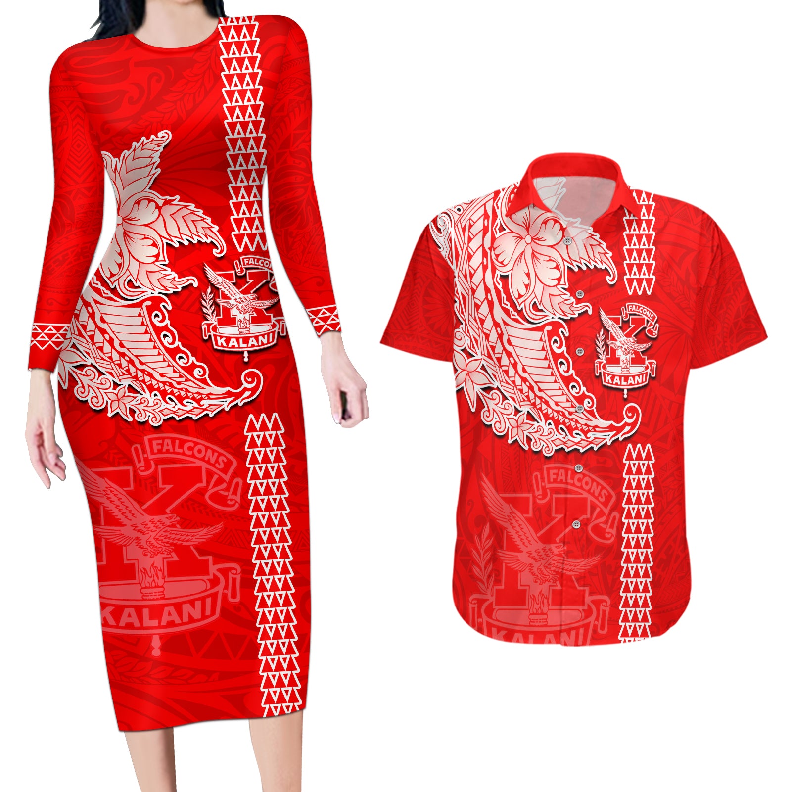 Hawaii Kalani High School Couples Matching Long Sleeve Bodycon Dress and Hawaiian Shirt Tribal Kakau Pattern LT03 Red - Polynesian Pride