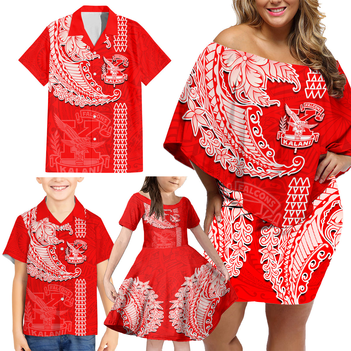 Hawaii Kalani High School Family Matching Off Shoulder Short Dress and Hawaiian Shirt Tribal Kakau Pattern LT03 - Polynesian Pride