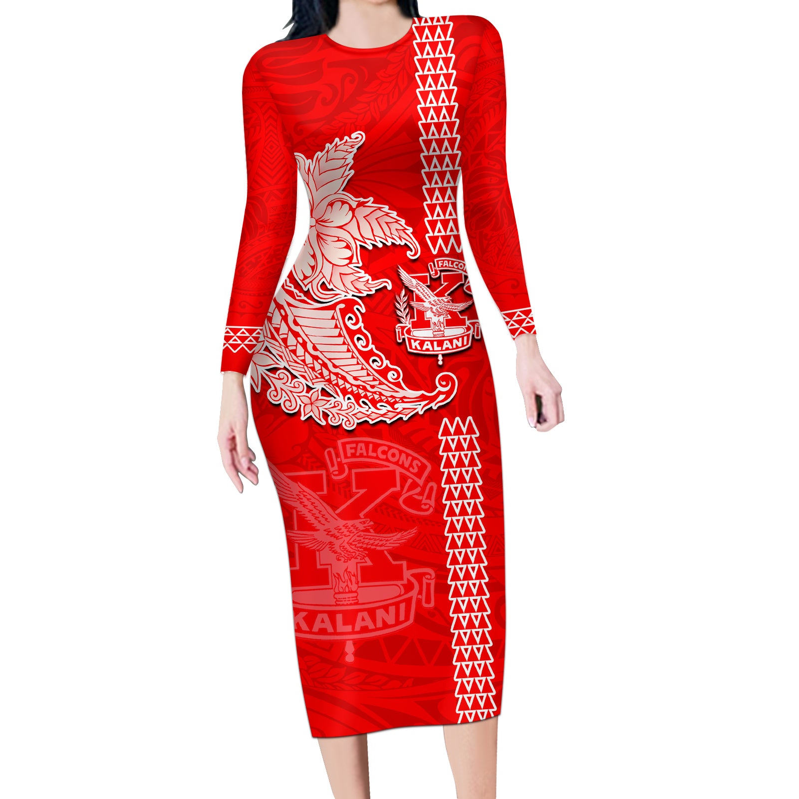 Hawaii Kalani High School Long Sleeve Bodycon Dress Tribal Kakau Pattern LT03 Long Dress Red - Polynesian Pride