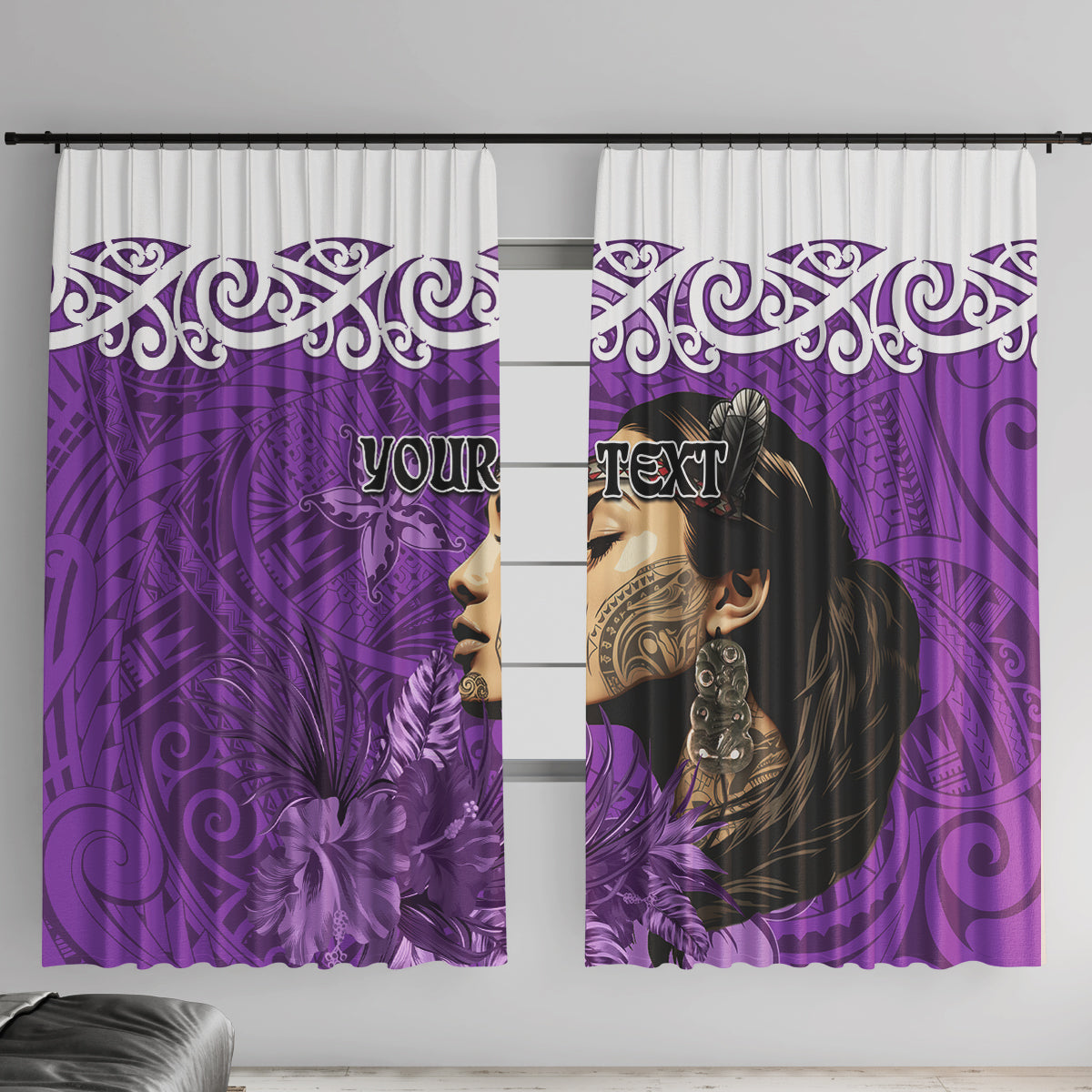 Custom New Zealand Womens Day Window Curtain Traditional Maori Woman Polynesian Pattern Purple Color LT03 With Hooks Purple - Polynesian Pride