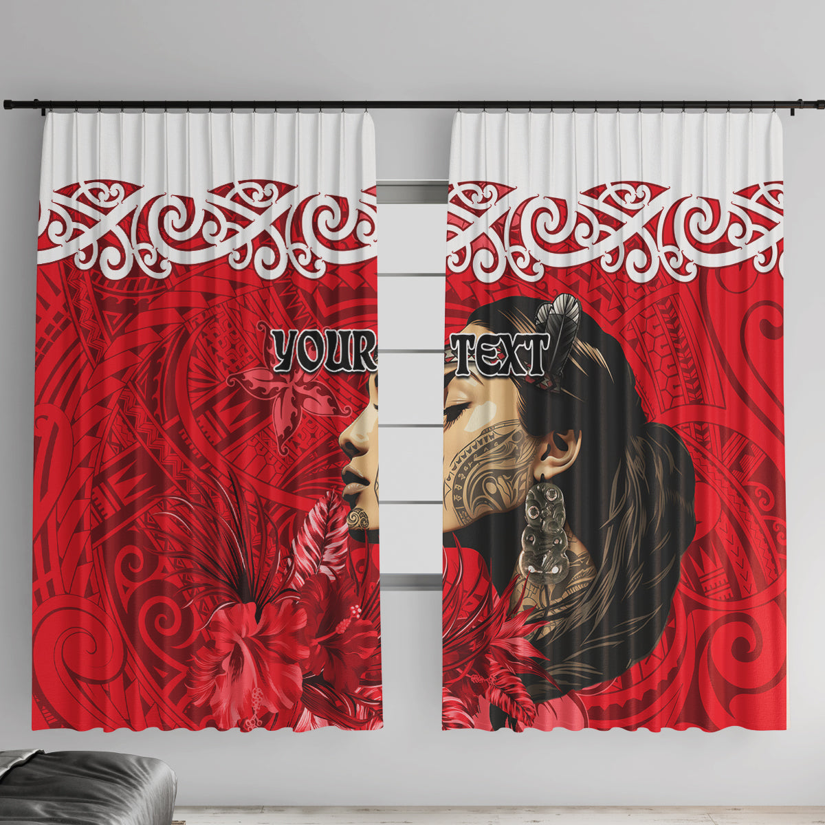 Custom New Zealand Womens Day Window Curtain Traditional Maori Woman Polynesian Pattern Red Color LT03 With Hooks Red - Polynesian Pride