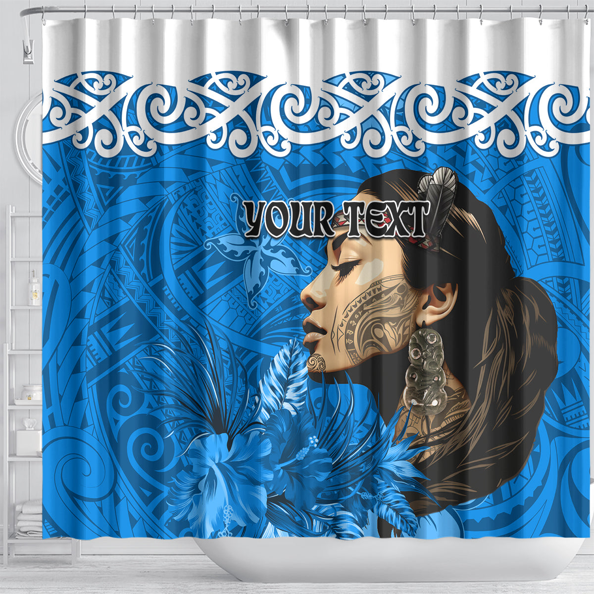 Custom New Zealand Womens Day Shower Curtain Traditional Maori Woman Polynesian Pattern Blue Color LT03 - Polynesian Pride