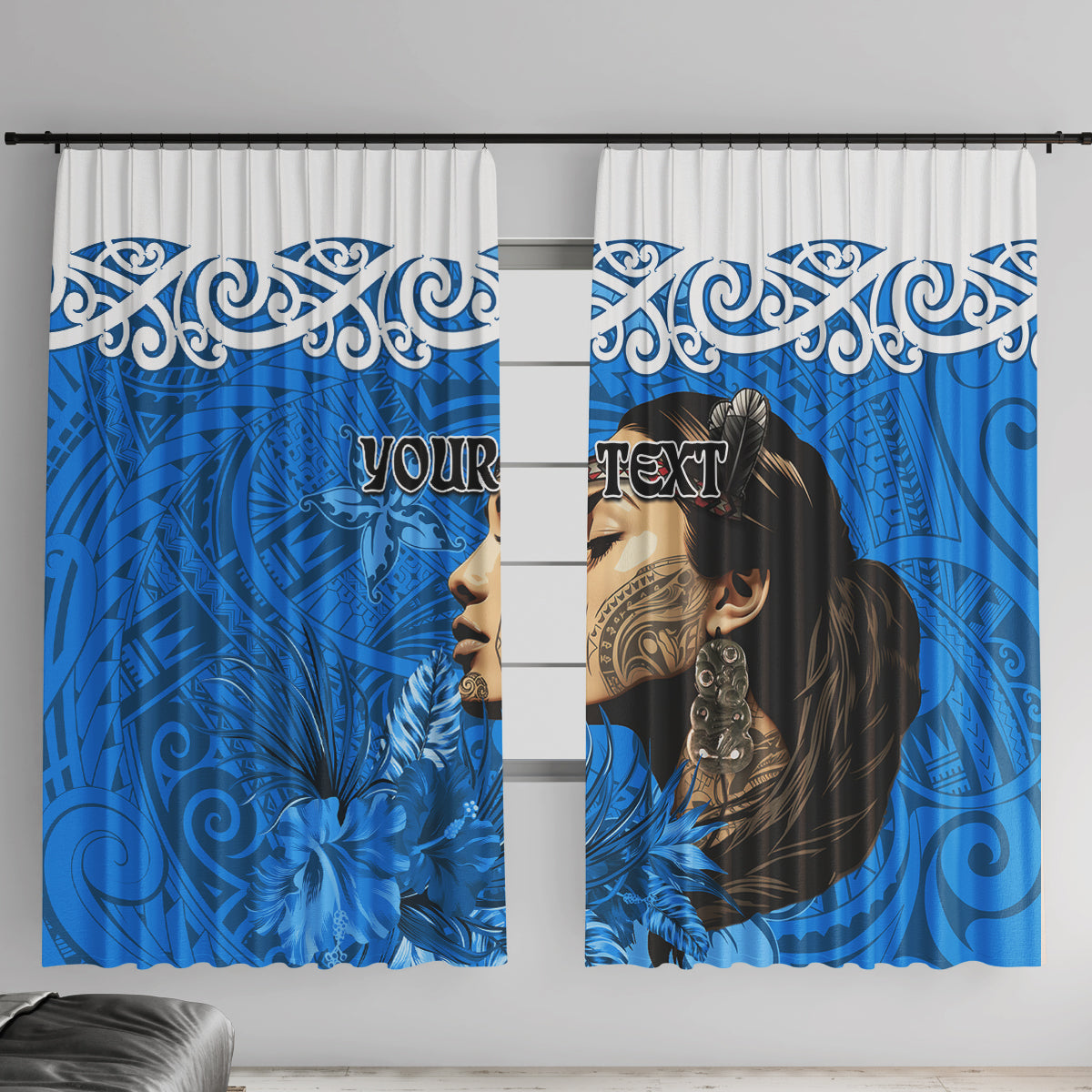 Custom New Zealand Womens Day Window Curtain Traditional Maori Woman Polynesian Pattern Blue Color LT03 With Hooks Blue - Polynesian Pride